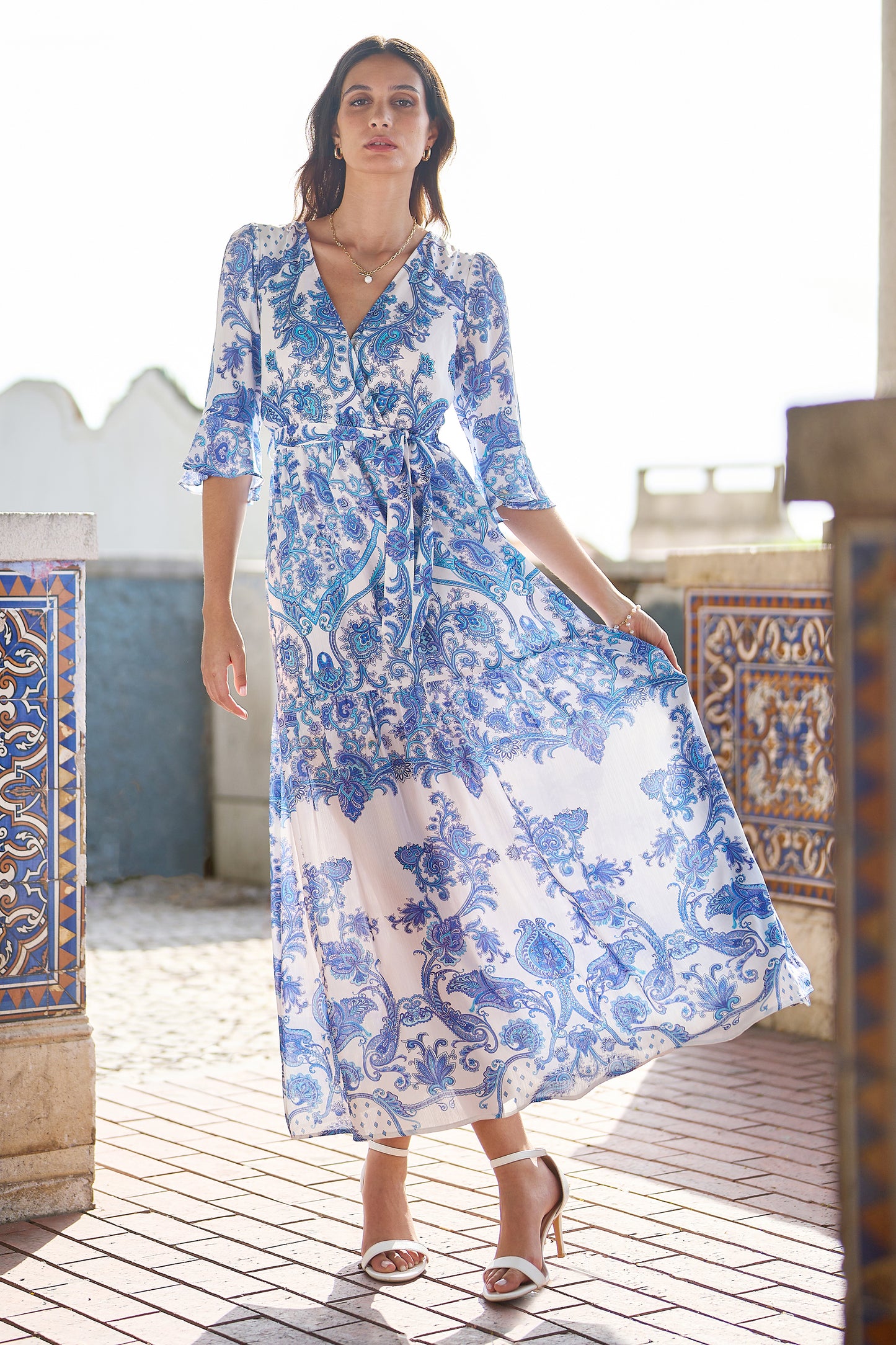 Yumi Blue Paisley Wrap Maxi Dress With 3/4 Sleeve DRES Day Yumi