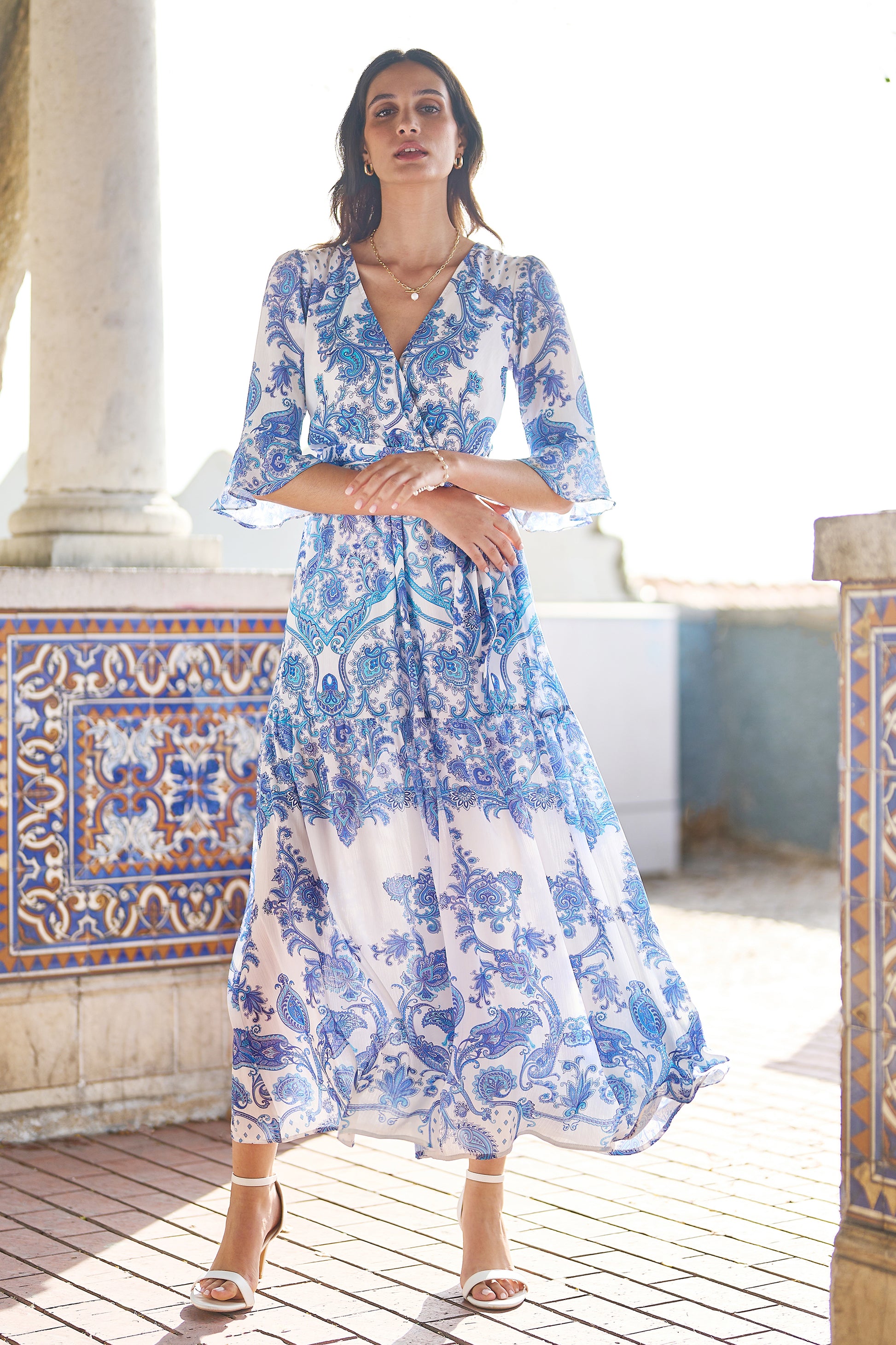 Yumi Blue Paisley Wrap Maxi Dress With 3/4 Sleeve DRES Day Yumi