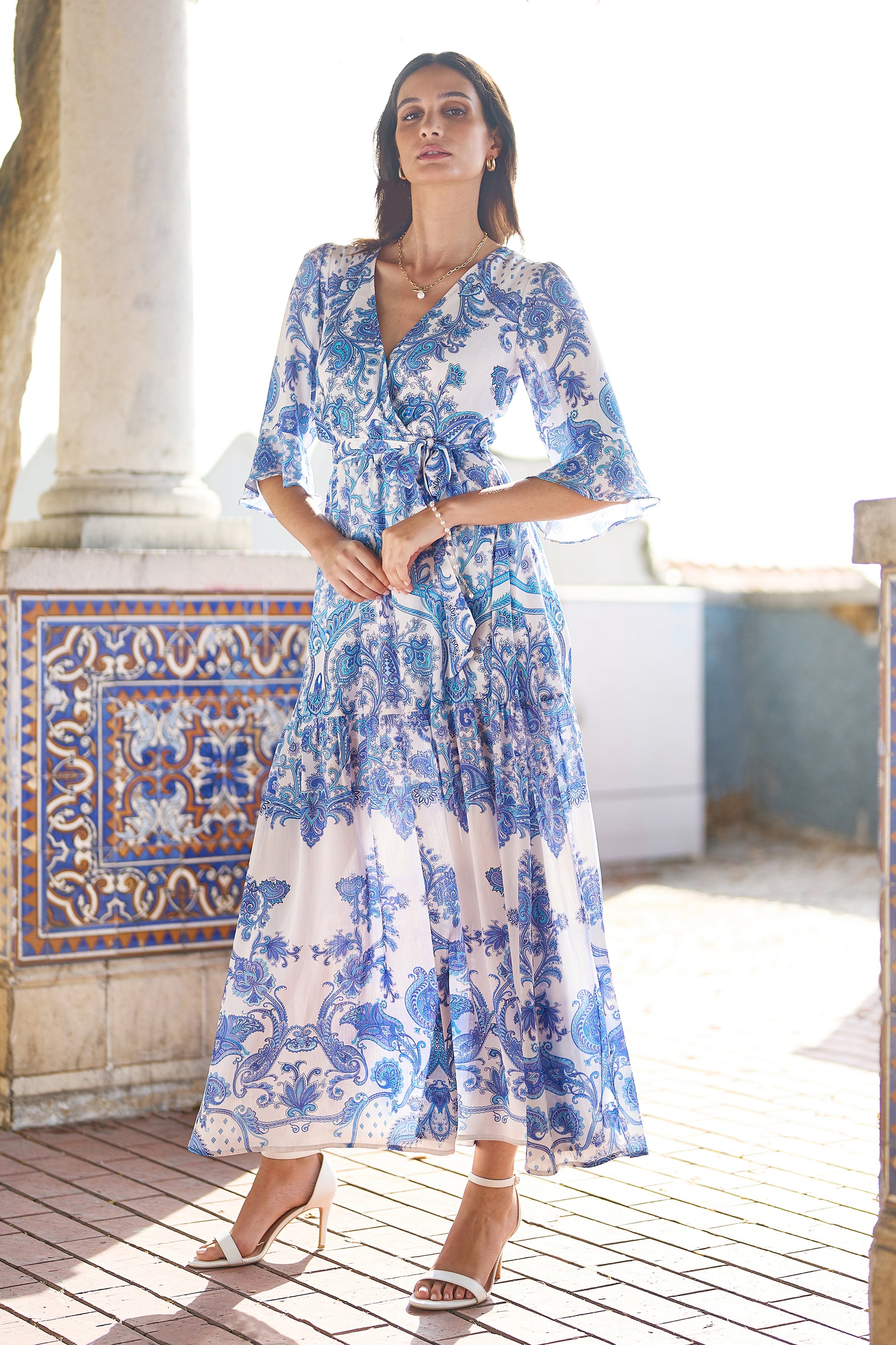 Yumi Blue Paisley Wrap Maxi Dress With 3/4 Sleeve DRES Day Yumi