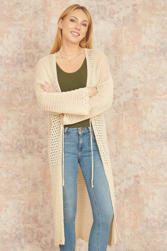 Yumi Cream Crochet Long Line Cardigan With Ties Front KNIT Cardi Yumi