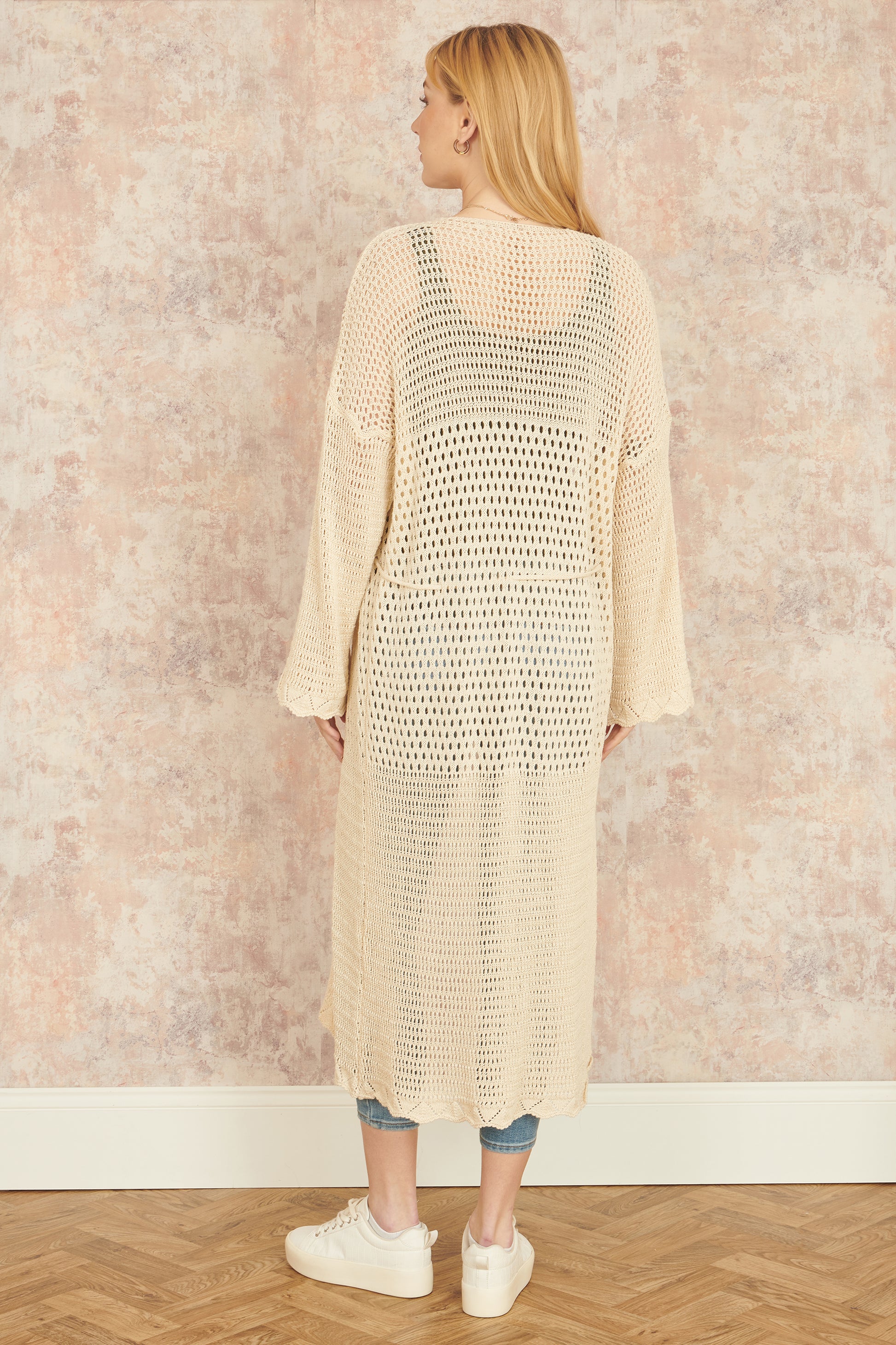 Yumi Cream Crochet Long Line Cardigan With Ties Front KNIT Cardi Yumi