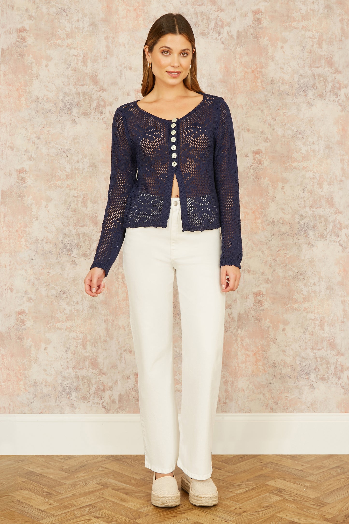 Yumi Navy Flower Crochet Button Up Cardigan KNIT Cardi Yumi