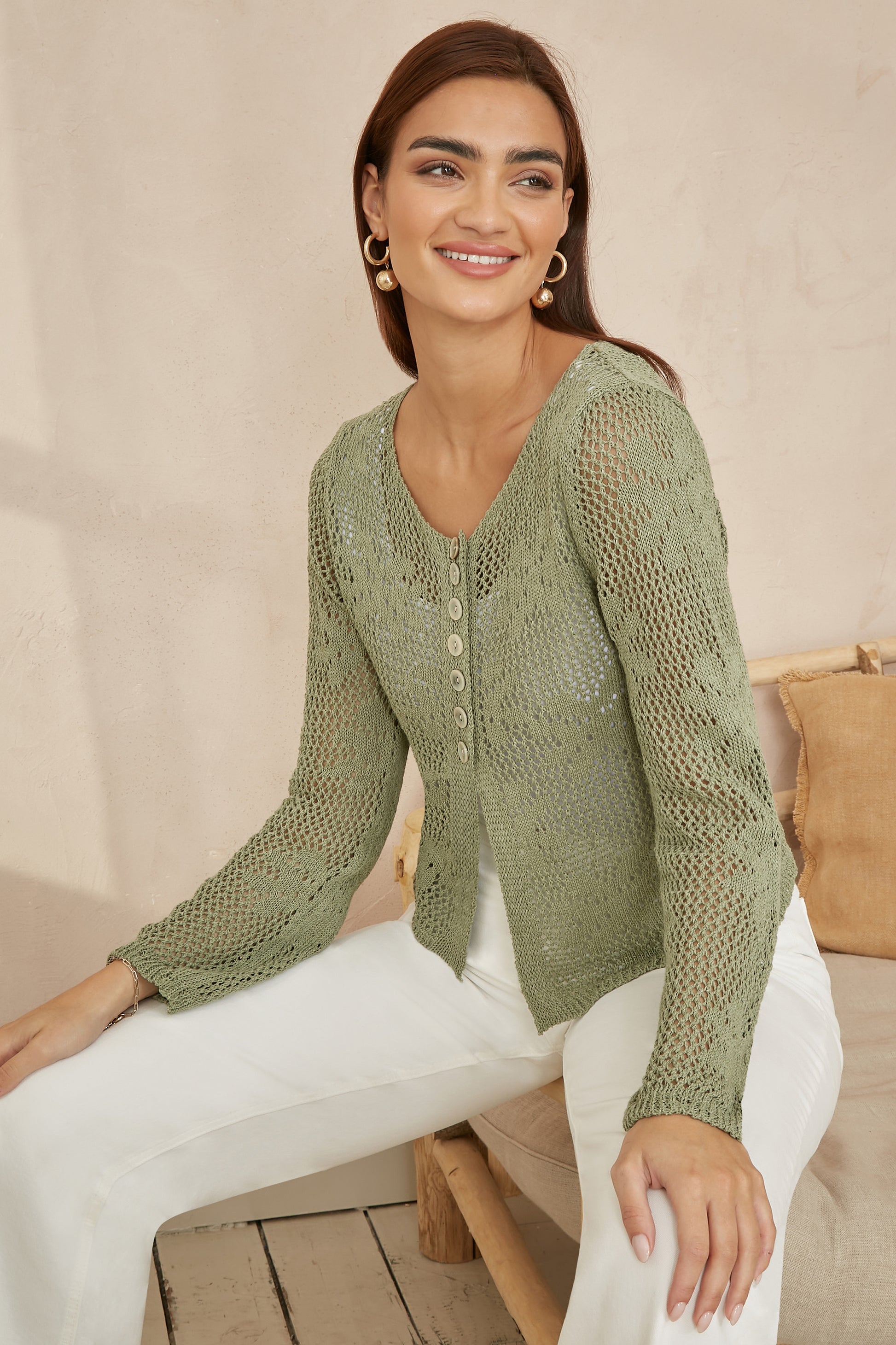 Yumi Green Flower Crochet Button Up Cardigan KNIT Cardi Yumi