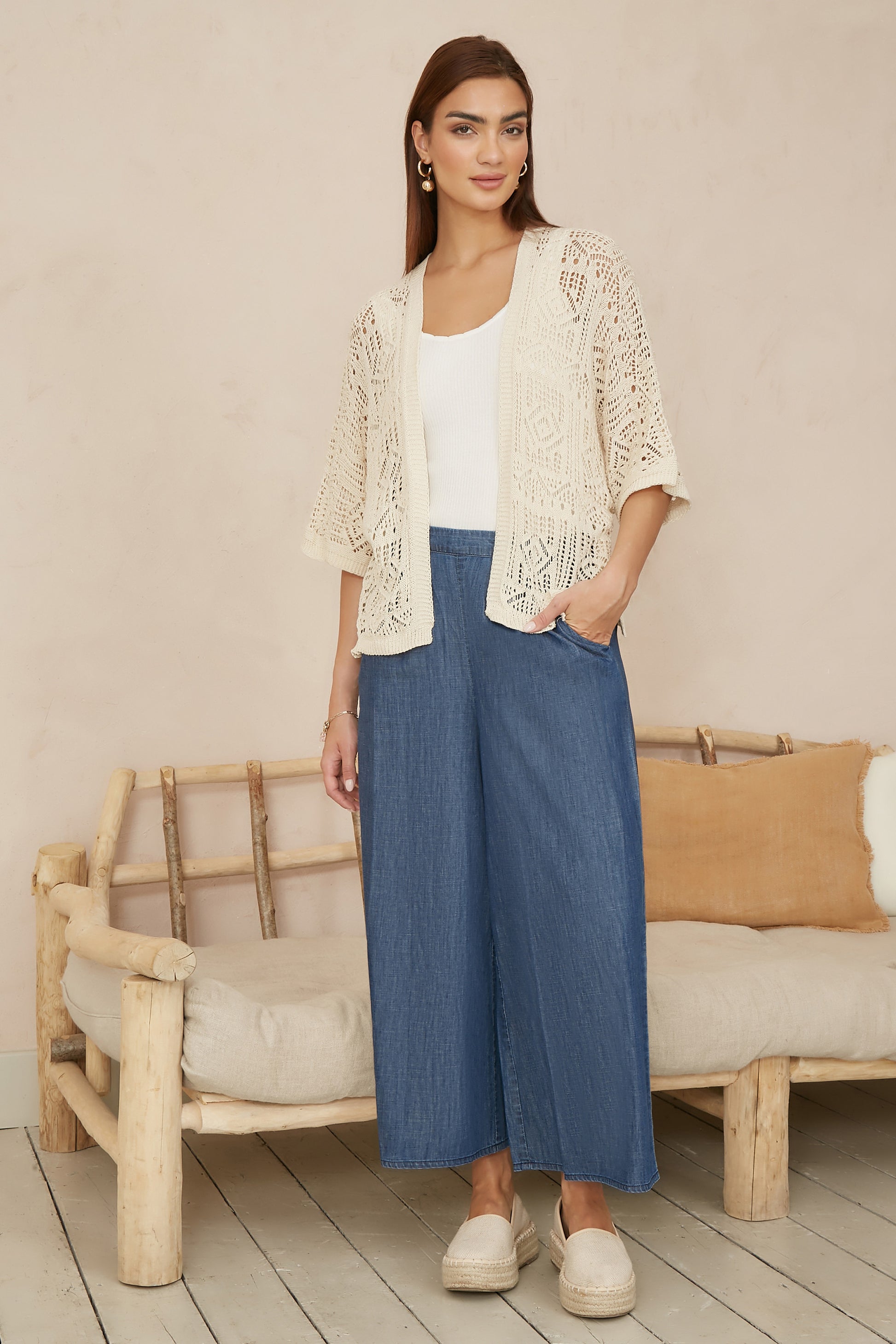 Yumi Ivory Crochet Edge To Edge 3/4 Sleeve Cardigan Knit Top Yumi