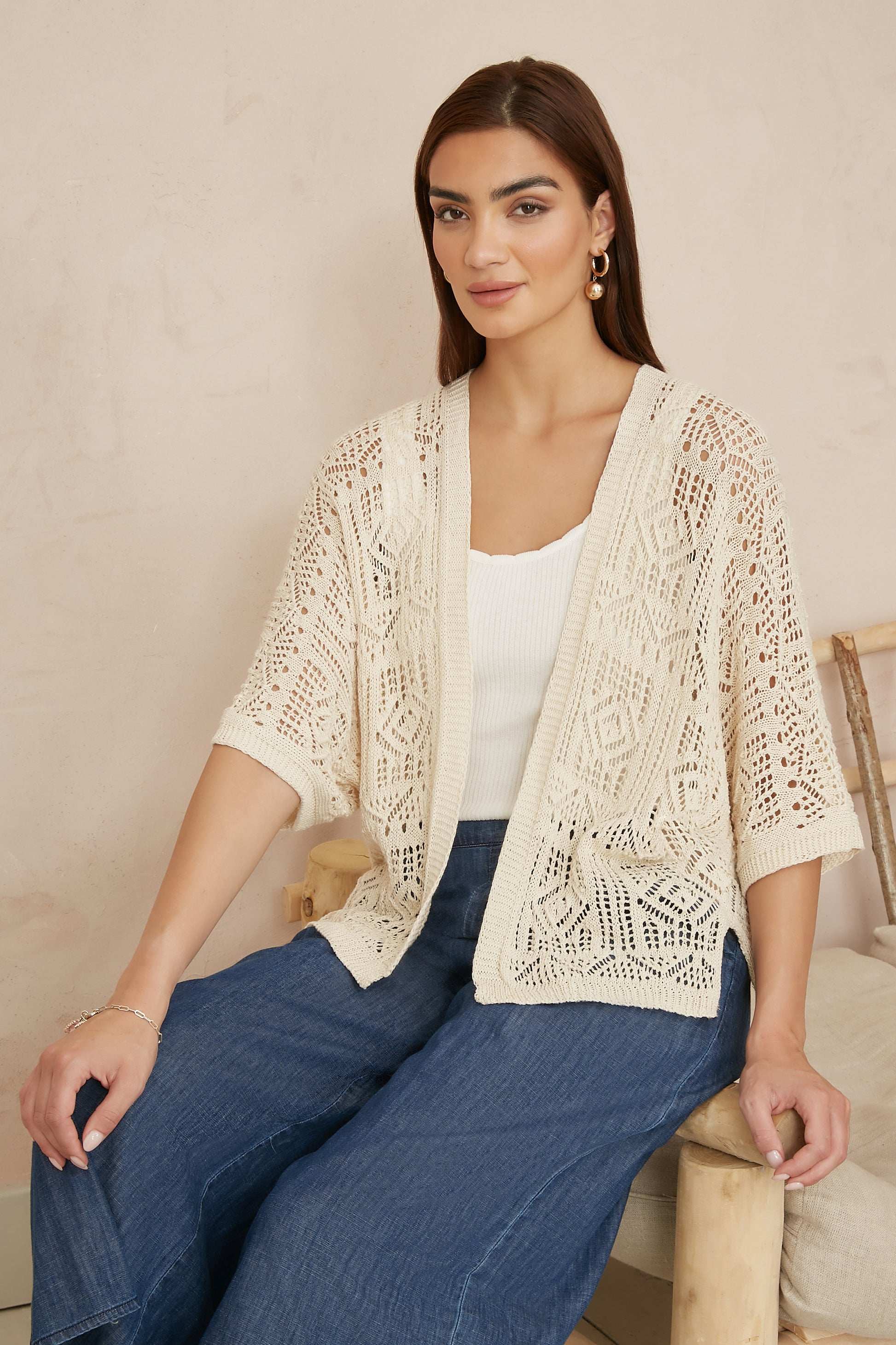 Yumi Ivory Crochet Edge To Edge 3/4 Sleeve Cardigan Knit Top Yumi