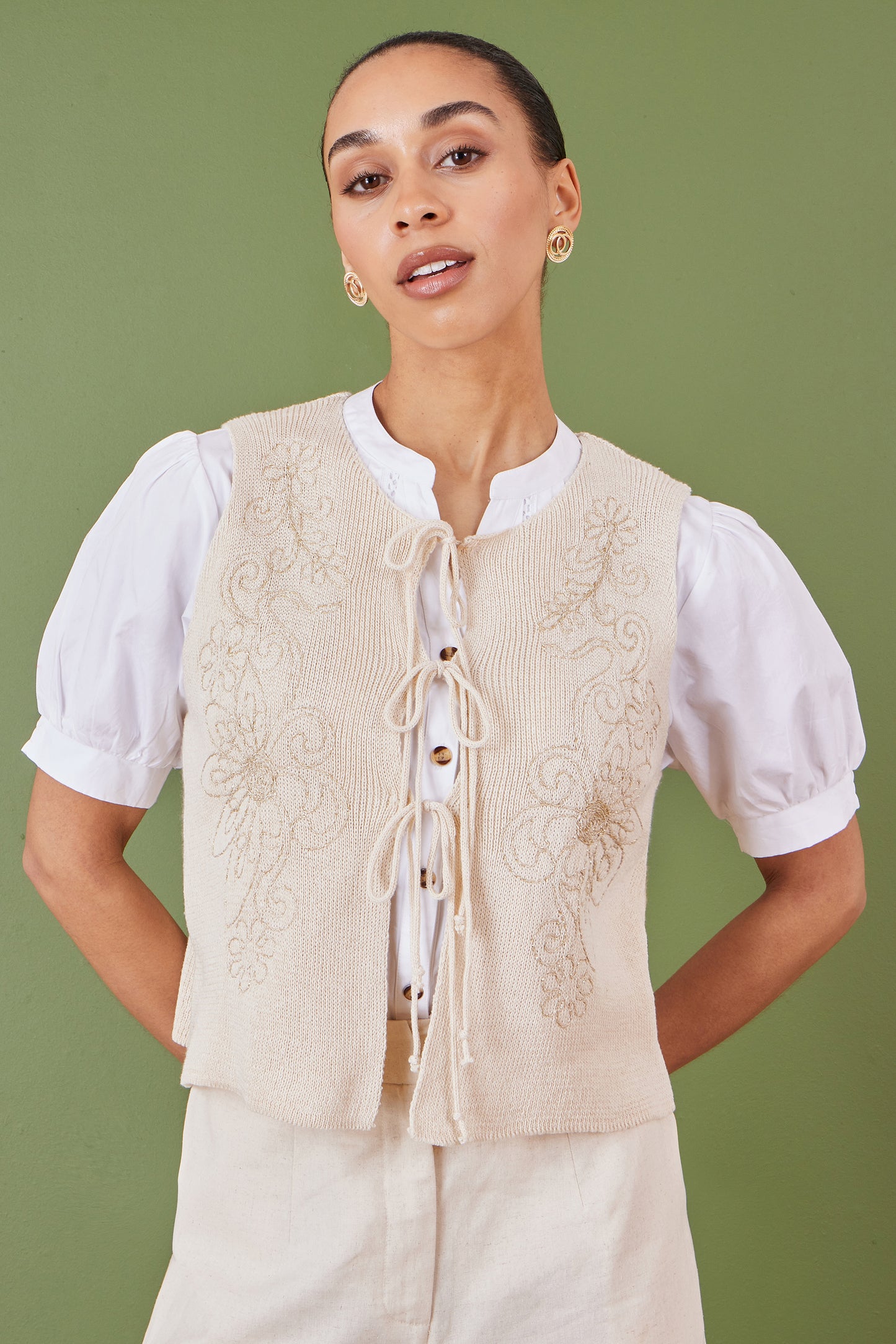 Yumi Beige Knitted Tie Front Waistcoat With Floral Details WAISTCOAT Yumi