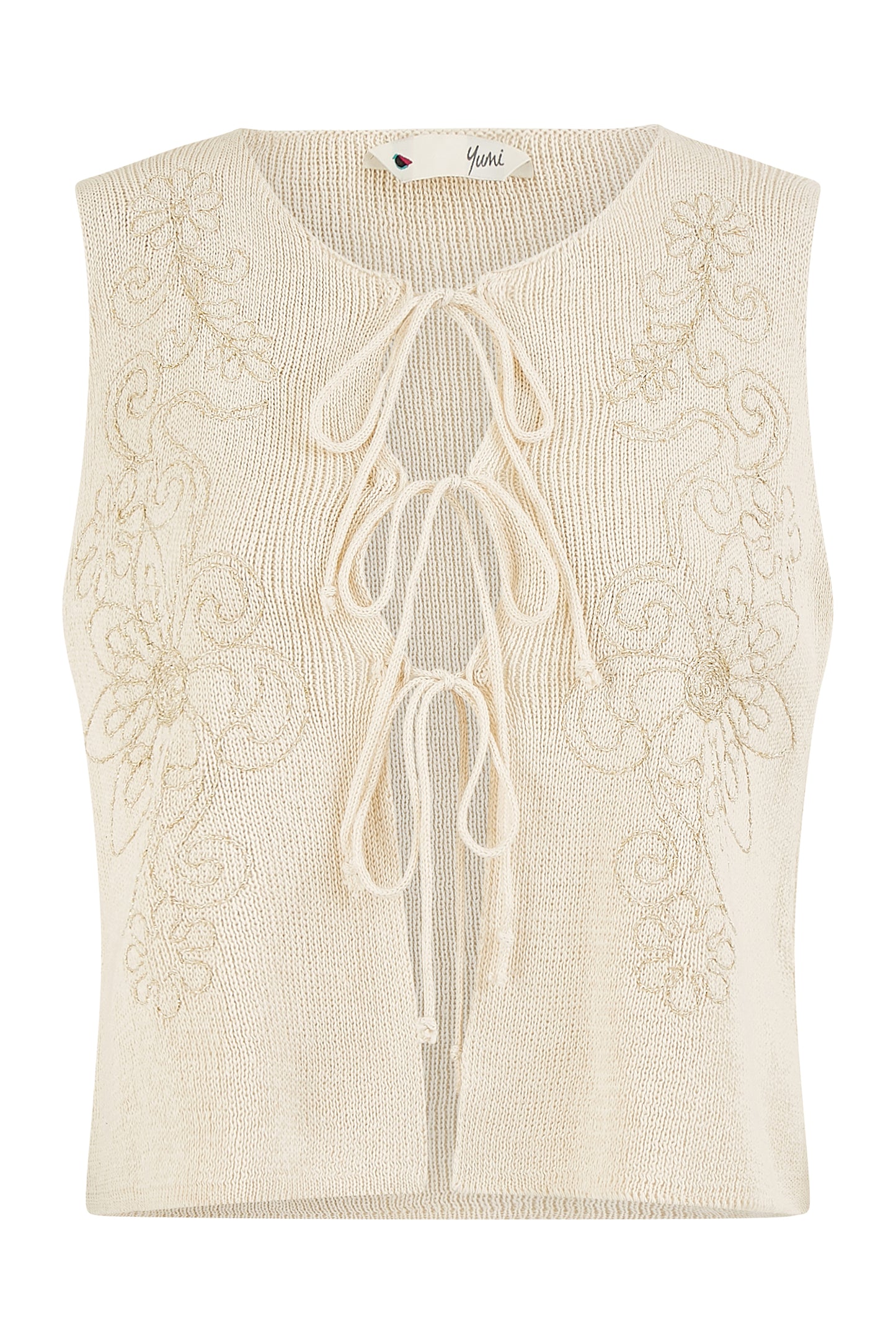 Yumi Beige Knitted Tie Front Waistcoat With Floral Details WAISTCOAT Yumi