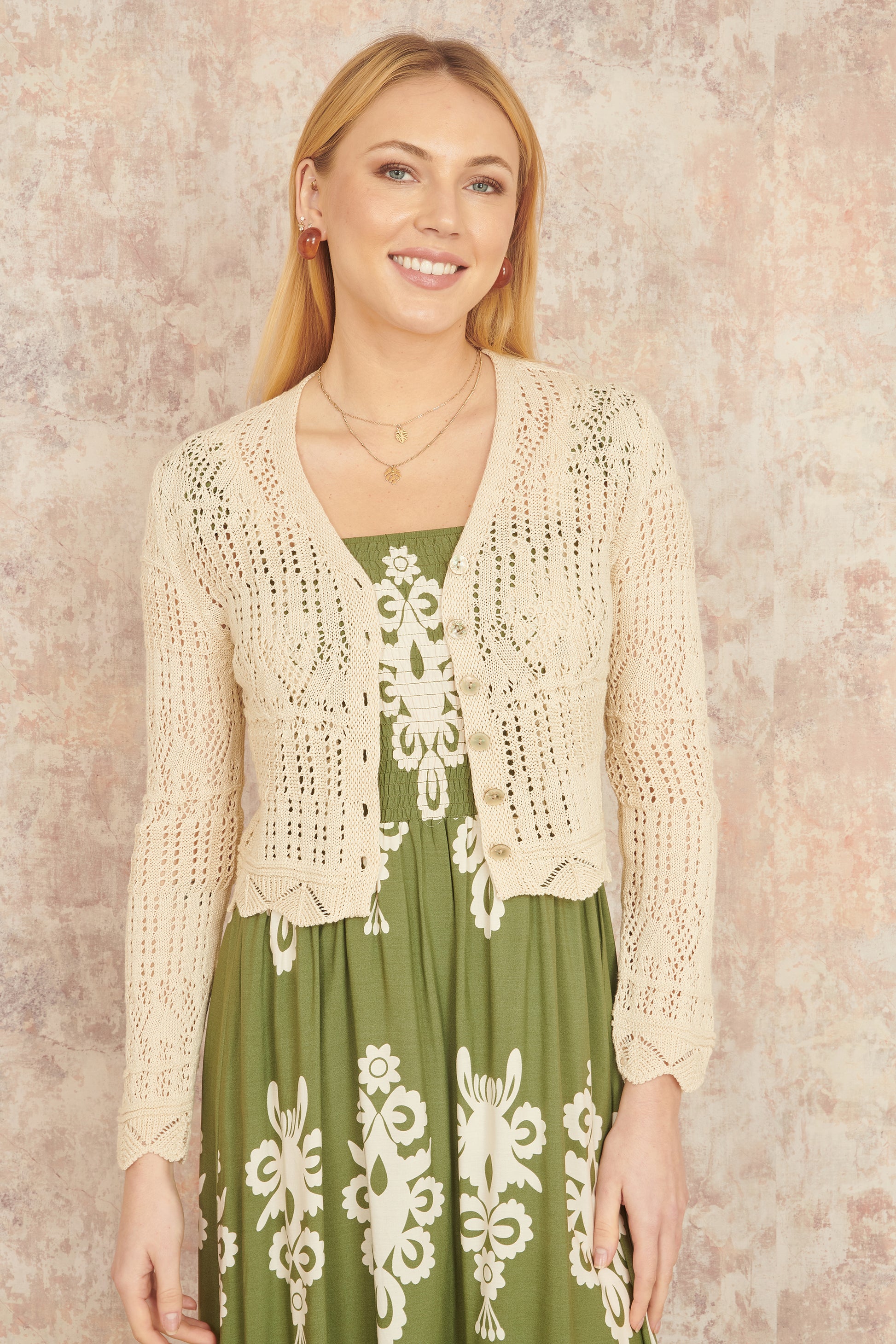 Yumi Beige Crochet Knitted Cropped Cardigan KNIT Cardi Yumi