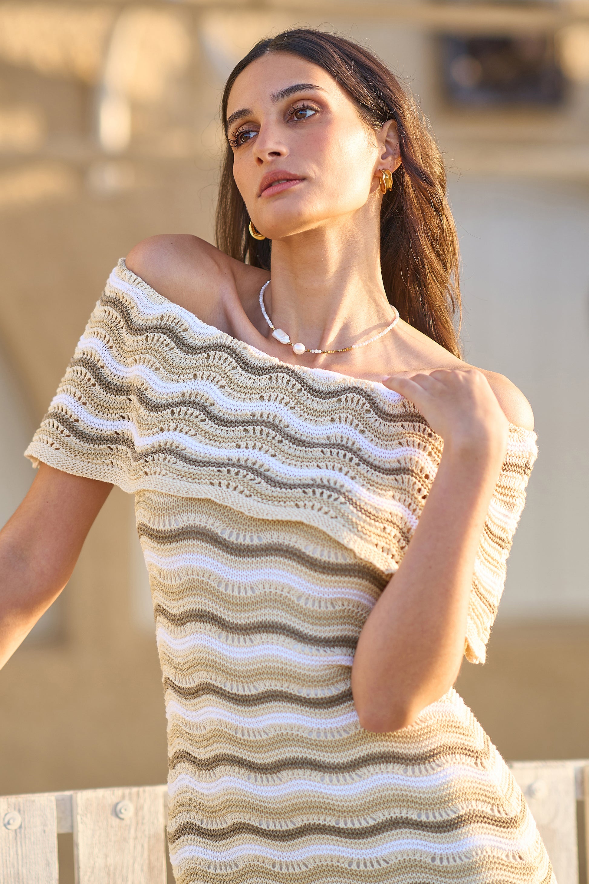 Yumi Beige Stripe Crochet Knit Bardot Midi Dress KNIT Dress Yumi