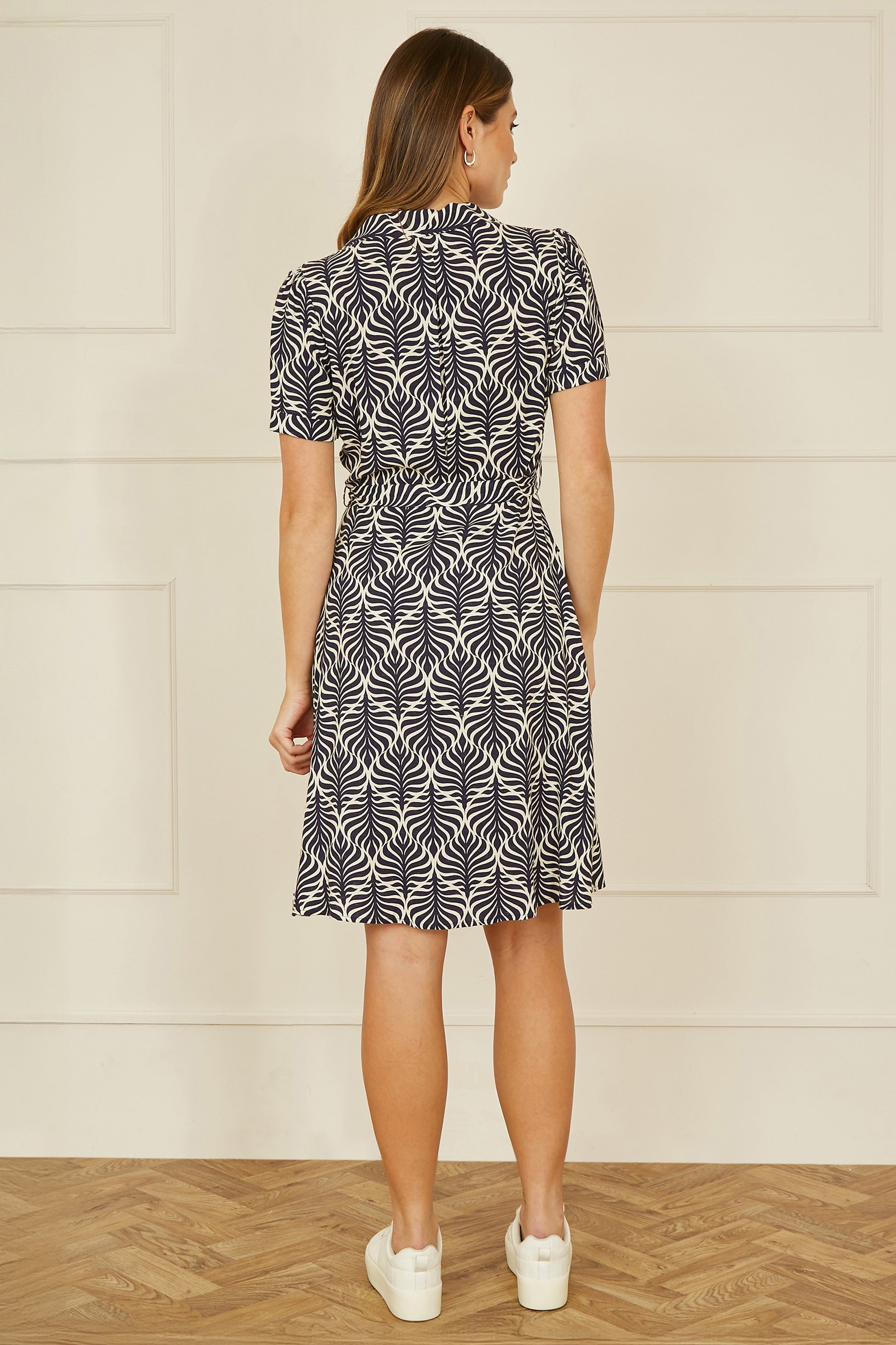 Yumi Navy Leaf Print Retro Shirt Dress DRES Day Yumi