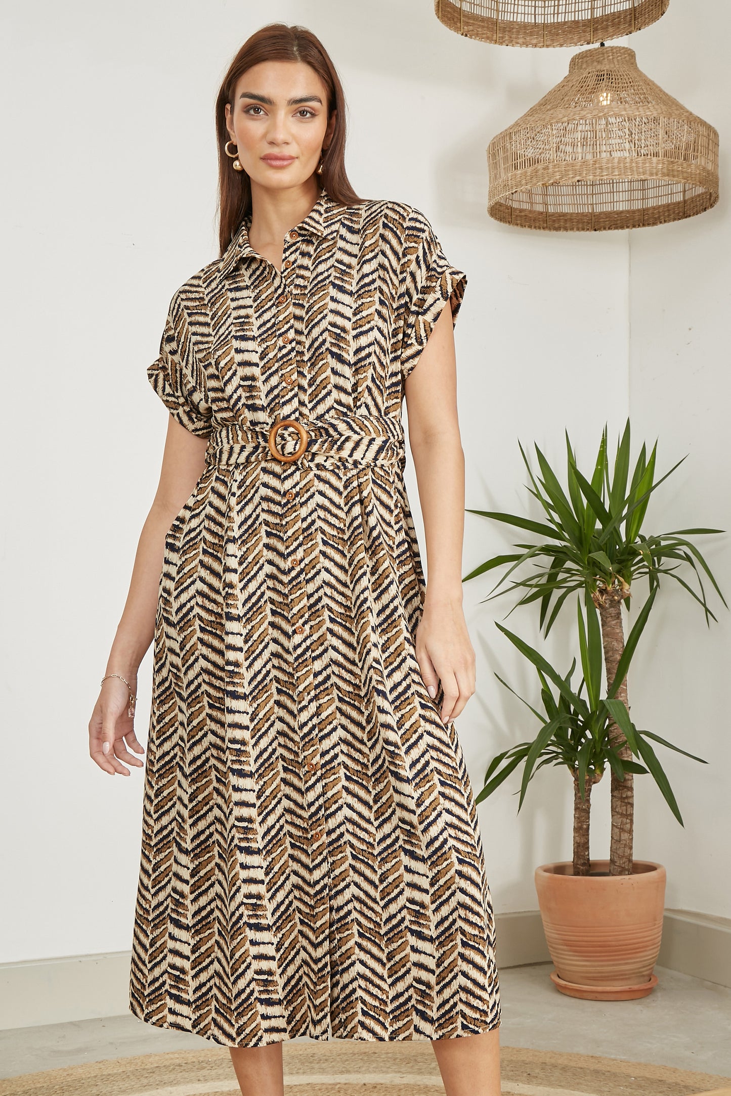 Yumi Brown Abstract Animal Print Relaxed Midi Shirt Dress With Belt DRES Day Yumi