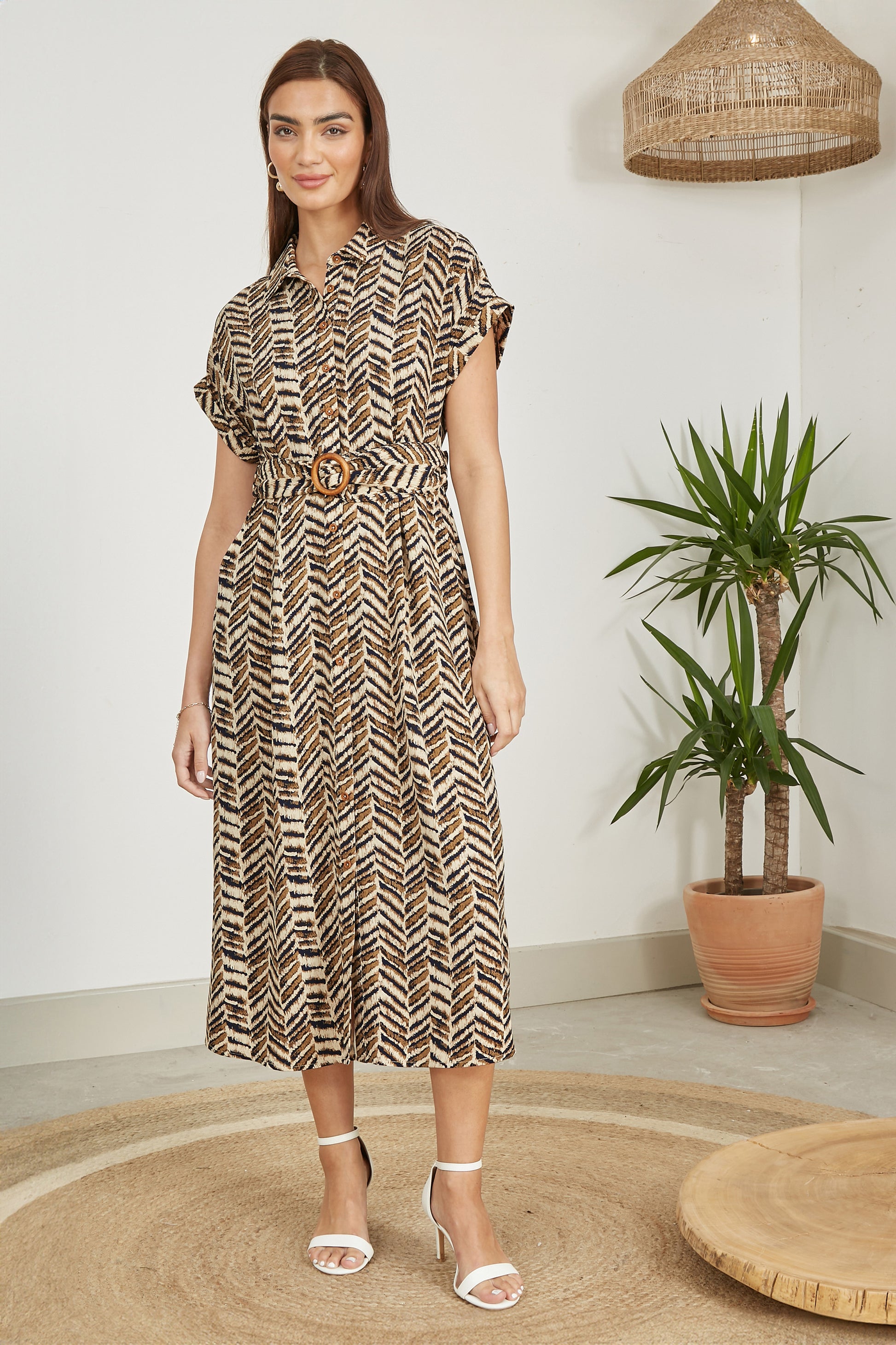 Yumi Brown Abstract Animal Print Relaxed Midi Shirt Dress With Belt DRES Day Yumi