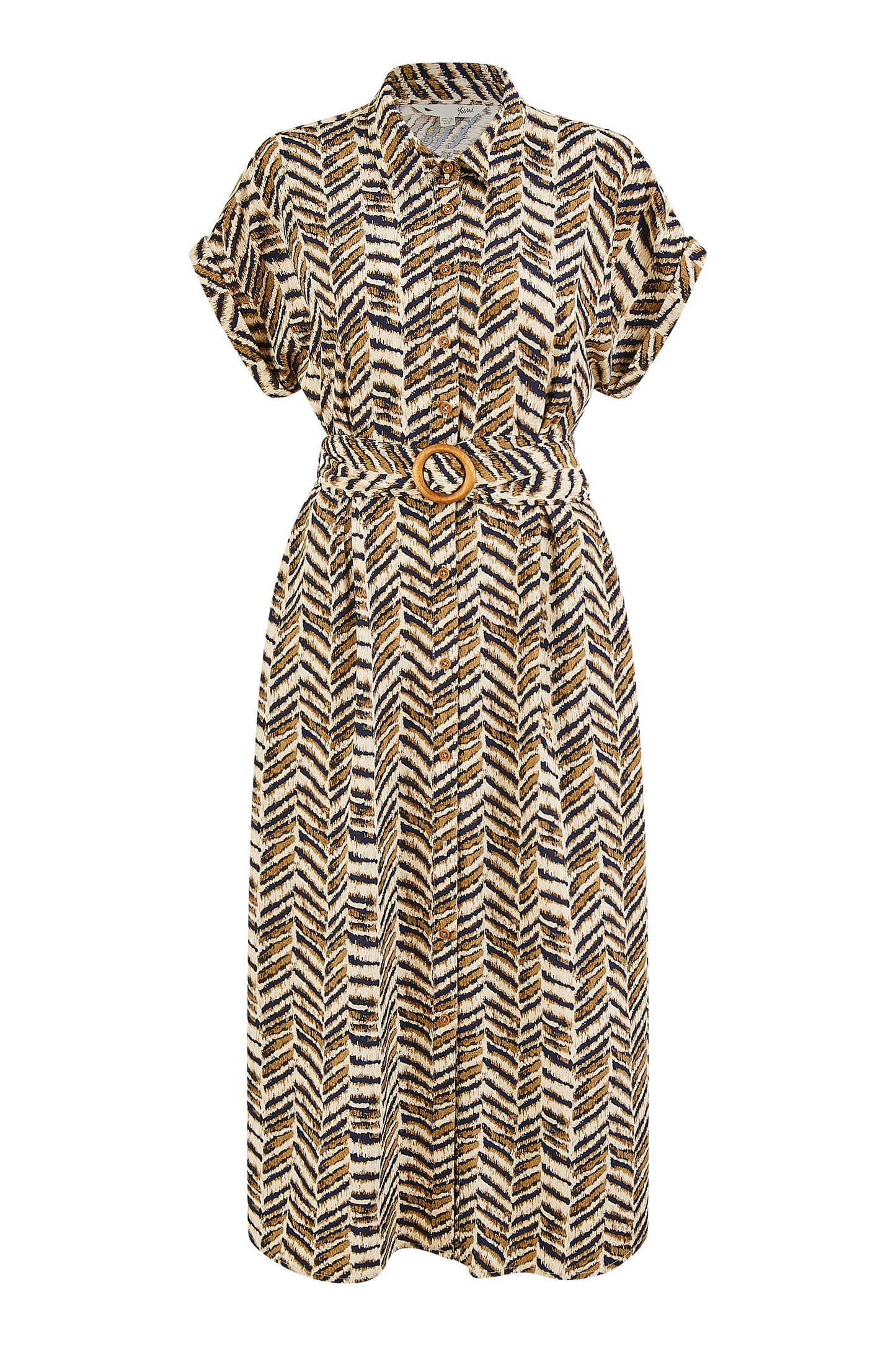 Yumi Brown Abstract Animal Print Relaxed Midi Shirt Dress With Belt DRES Day Yumi