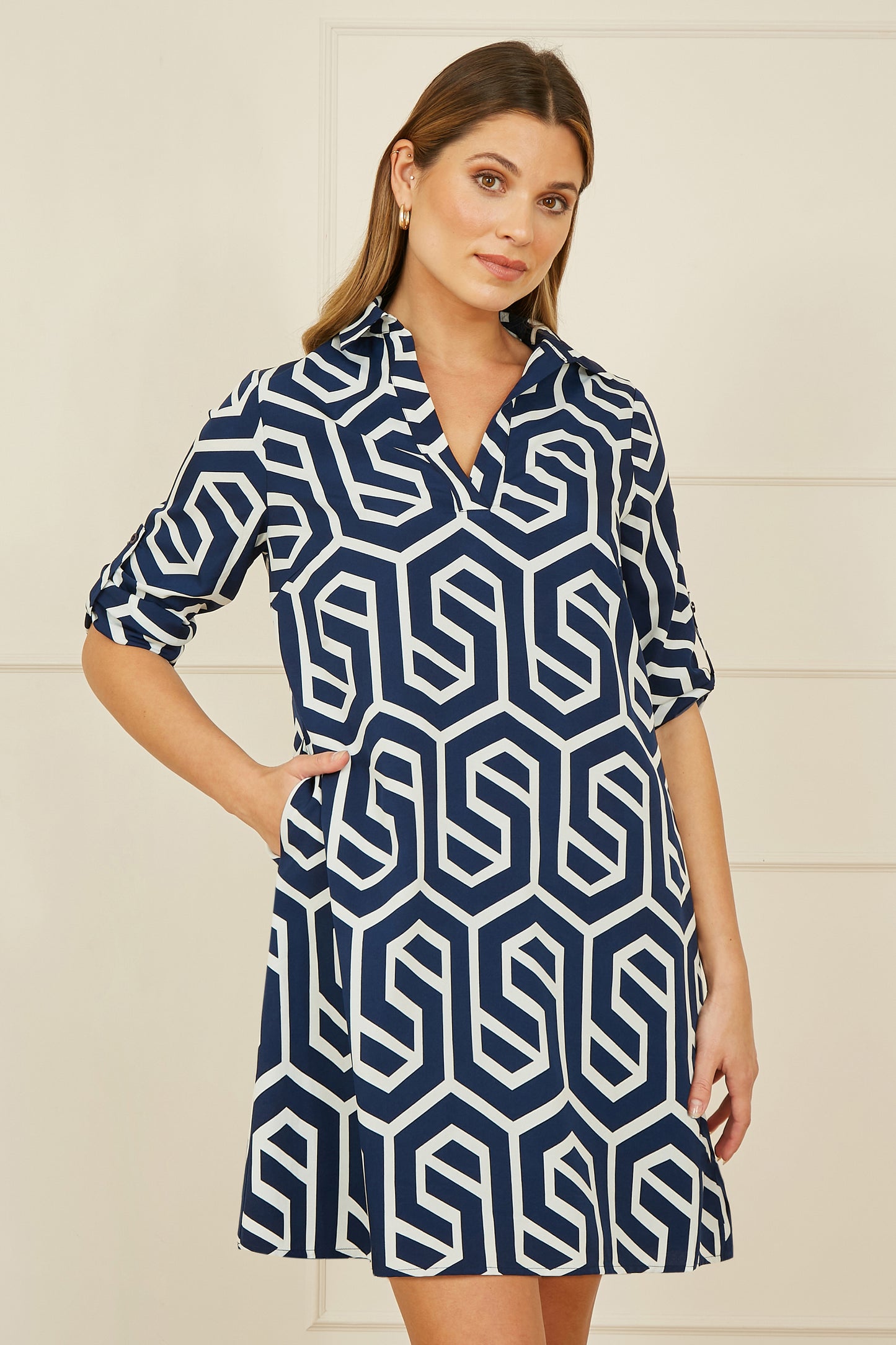 Yumi Navy Geo Print Tunic With Pockets DRES Day Yumi