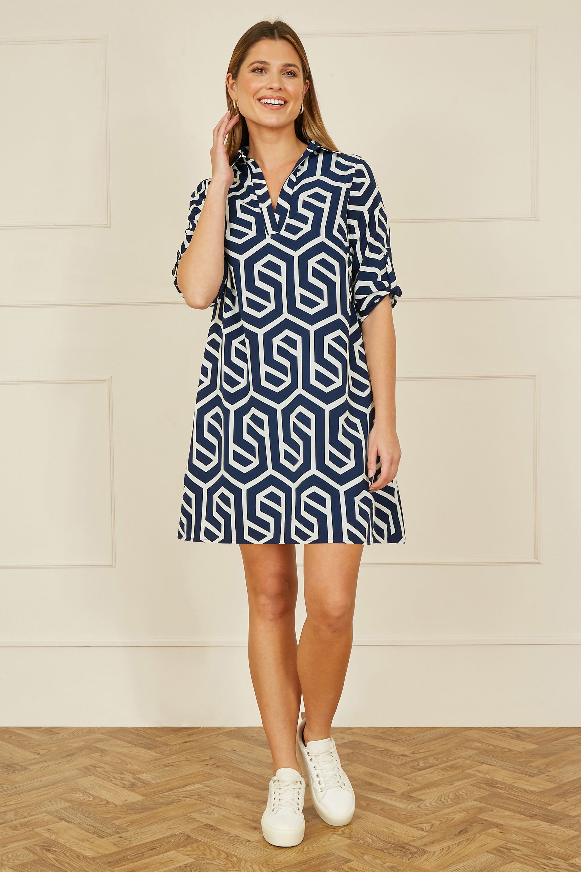 Yumi Navy Geo Print Tunic With Pockets DRES Day Yumi