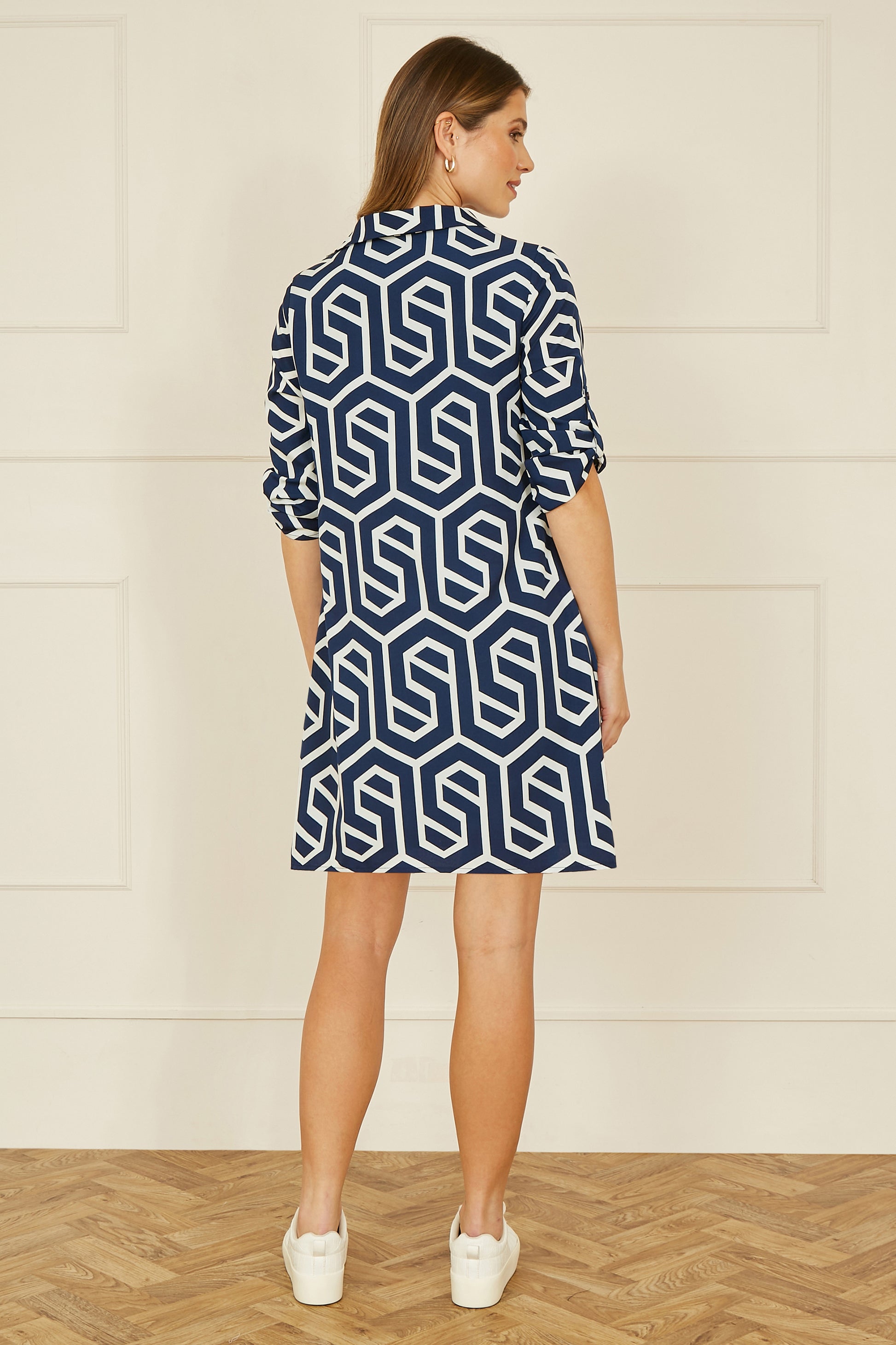 Yumi Navy Geo Print Tunic With Pockets DRES Day Yumi