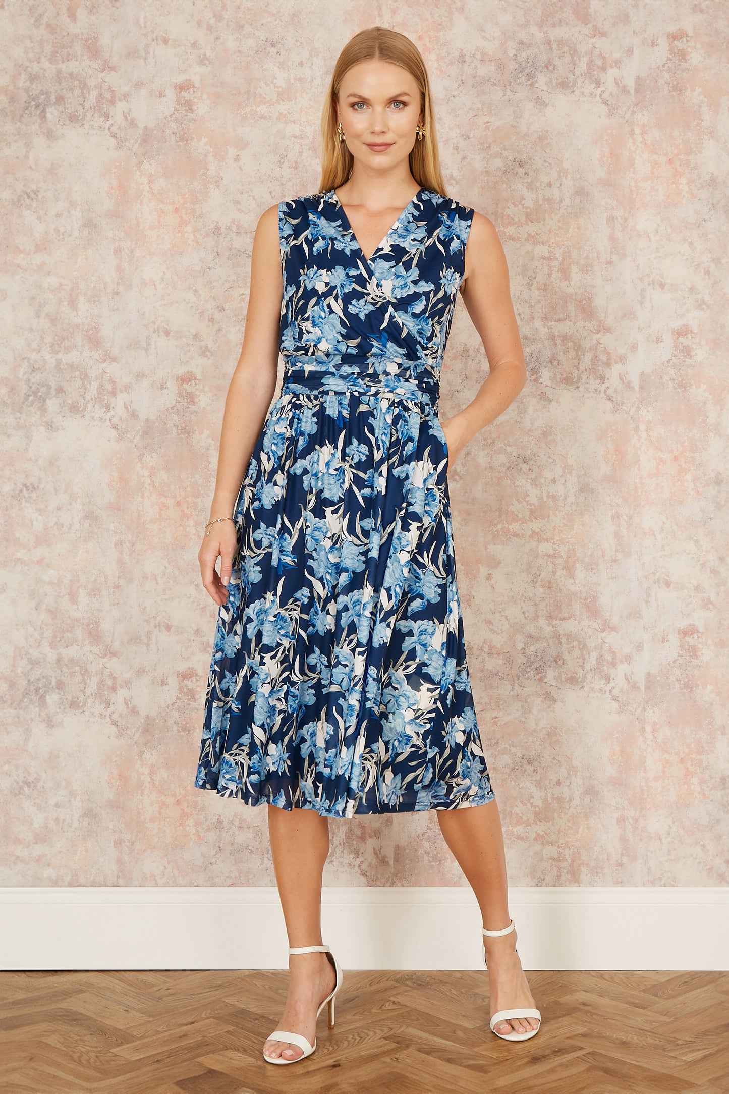 Yumi Blue Floral Mesh Wrap Skater Dress With Pockets Occasionwear Yumi