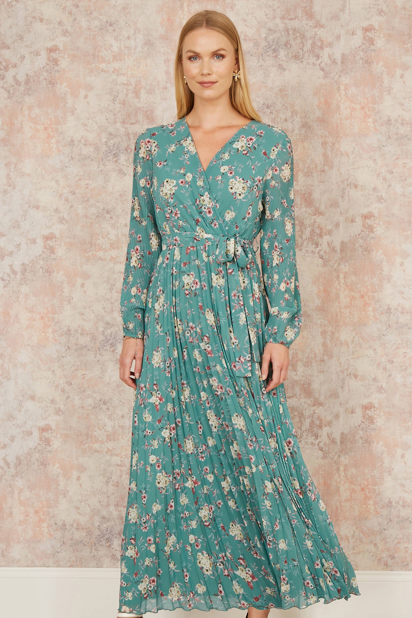 Yumi Mint Green Floral Pleated Long Sleeve Wrap Over Midi Dress Occasionwear Yumi