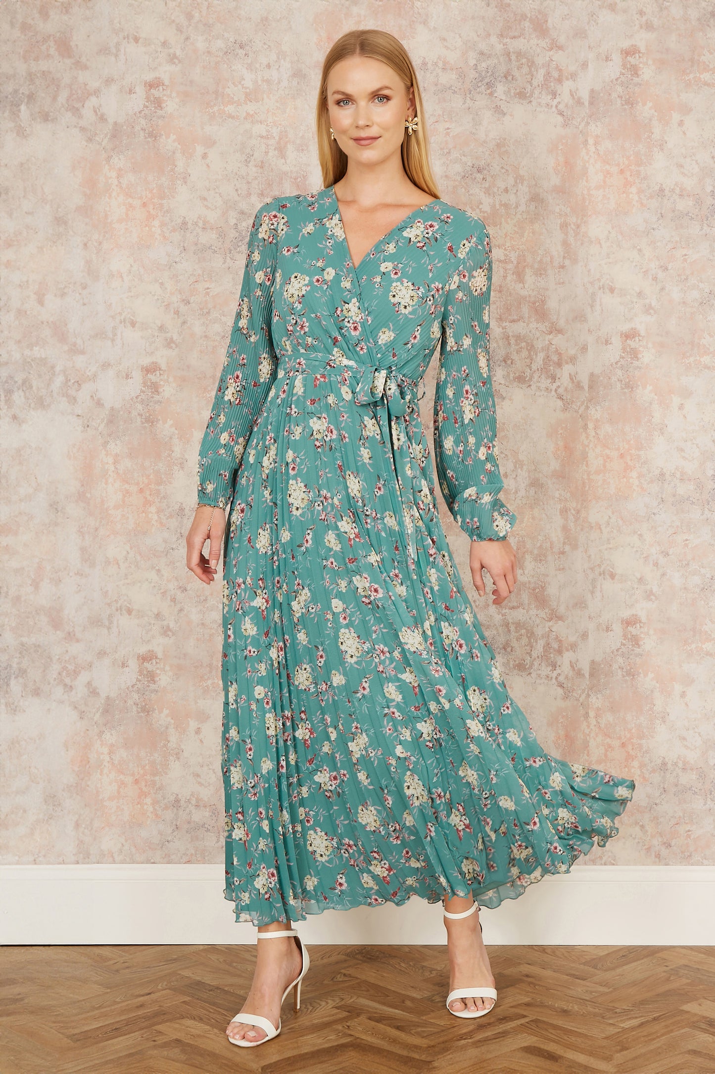 Yumi Mint Green Floral Pleated Long Sleeve Wrap Over Midi Dress Occasionwear Yumi