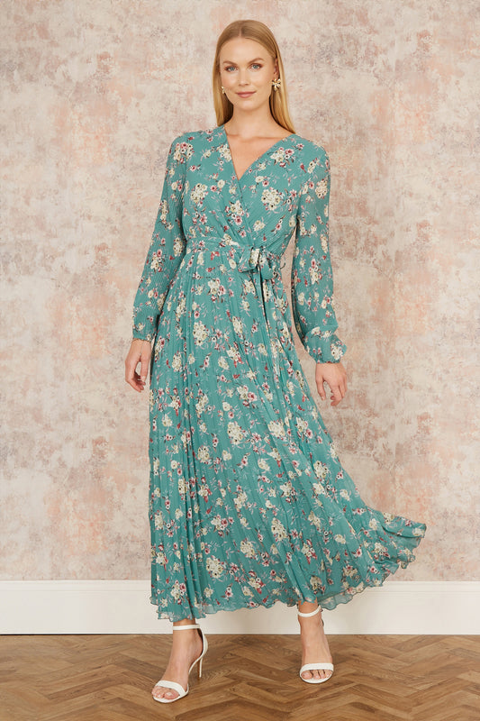 Yumi Mint Green Floral Pleated Long Sleeve Wrap Over Midi Dress Occasionwear Yumi