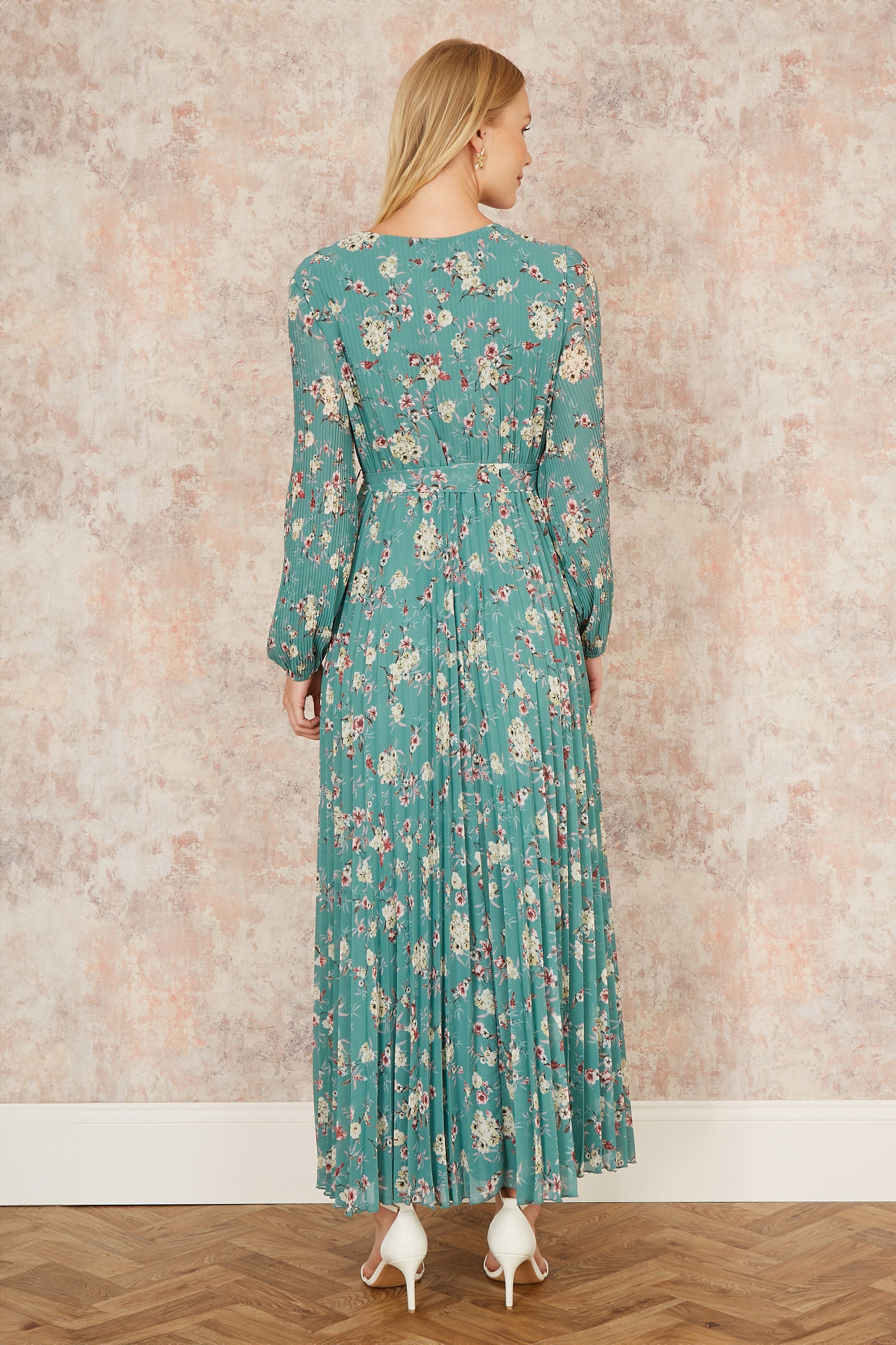 Yumi Mint Green Floral Pleated Long Sleeve Wrap Over Midi Dress Occasionwear Yumi