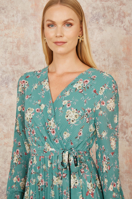 Yumi Mint Green Floral Pleated Long Sleeve Wrap Over Midi Dress Occasionwear Yumi