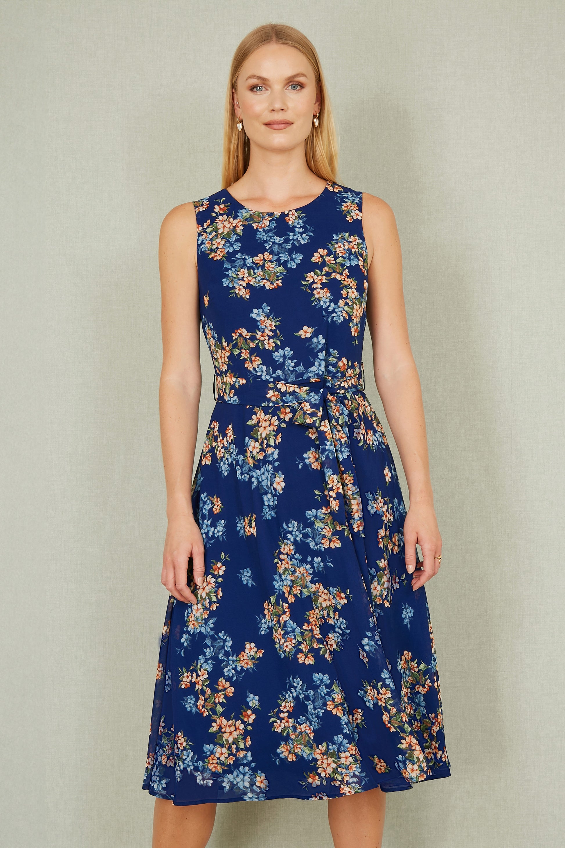 Yumi Navy Floral Skater Sleeveless Dress Occasionwear Yumi