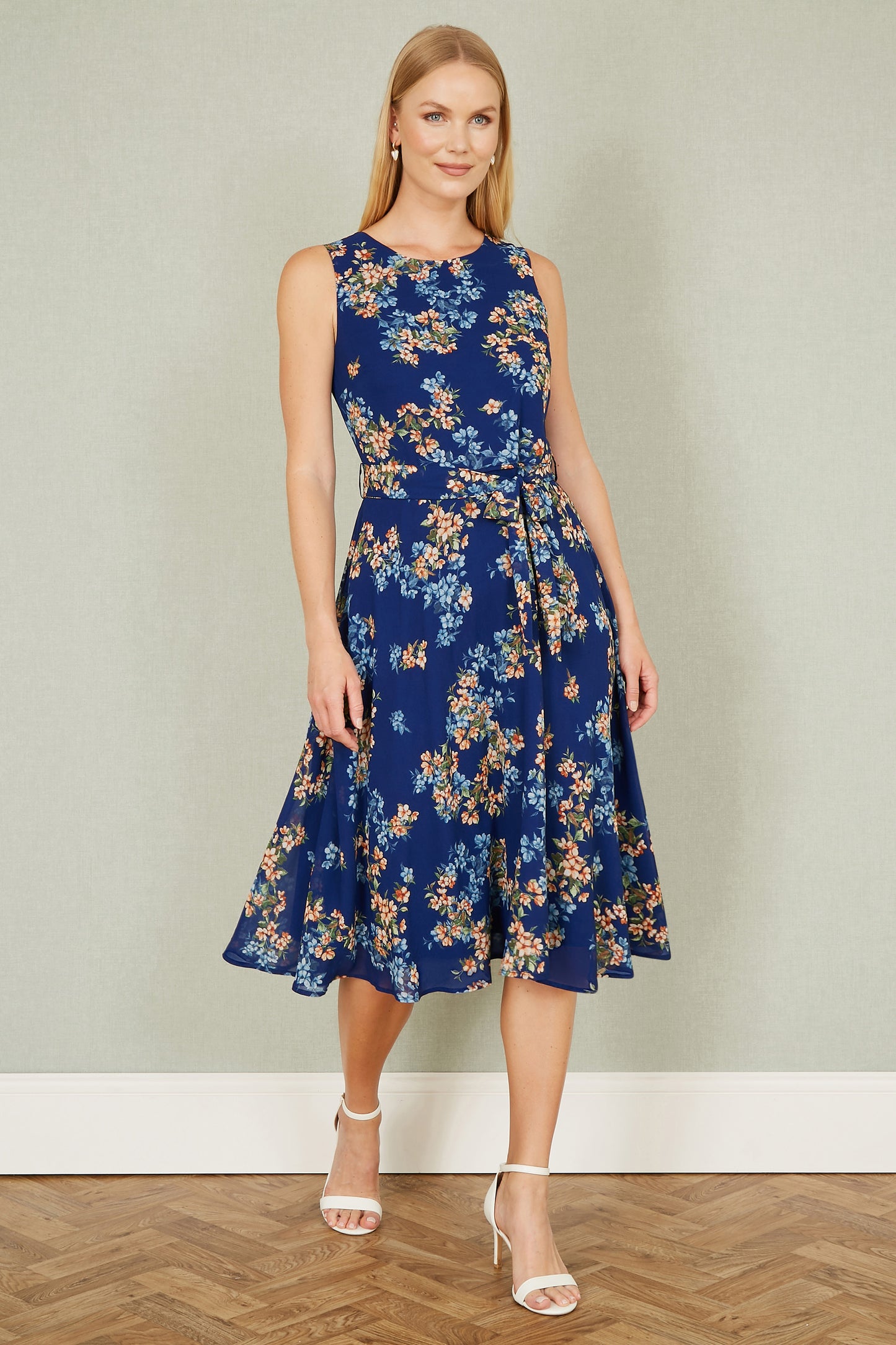 Yumi Navy Floral Skater Sleeveless Dress Occasionwear Yumi