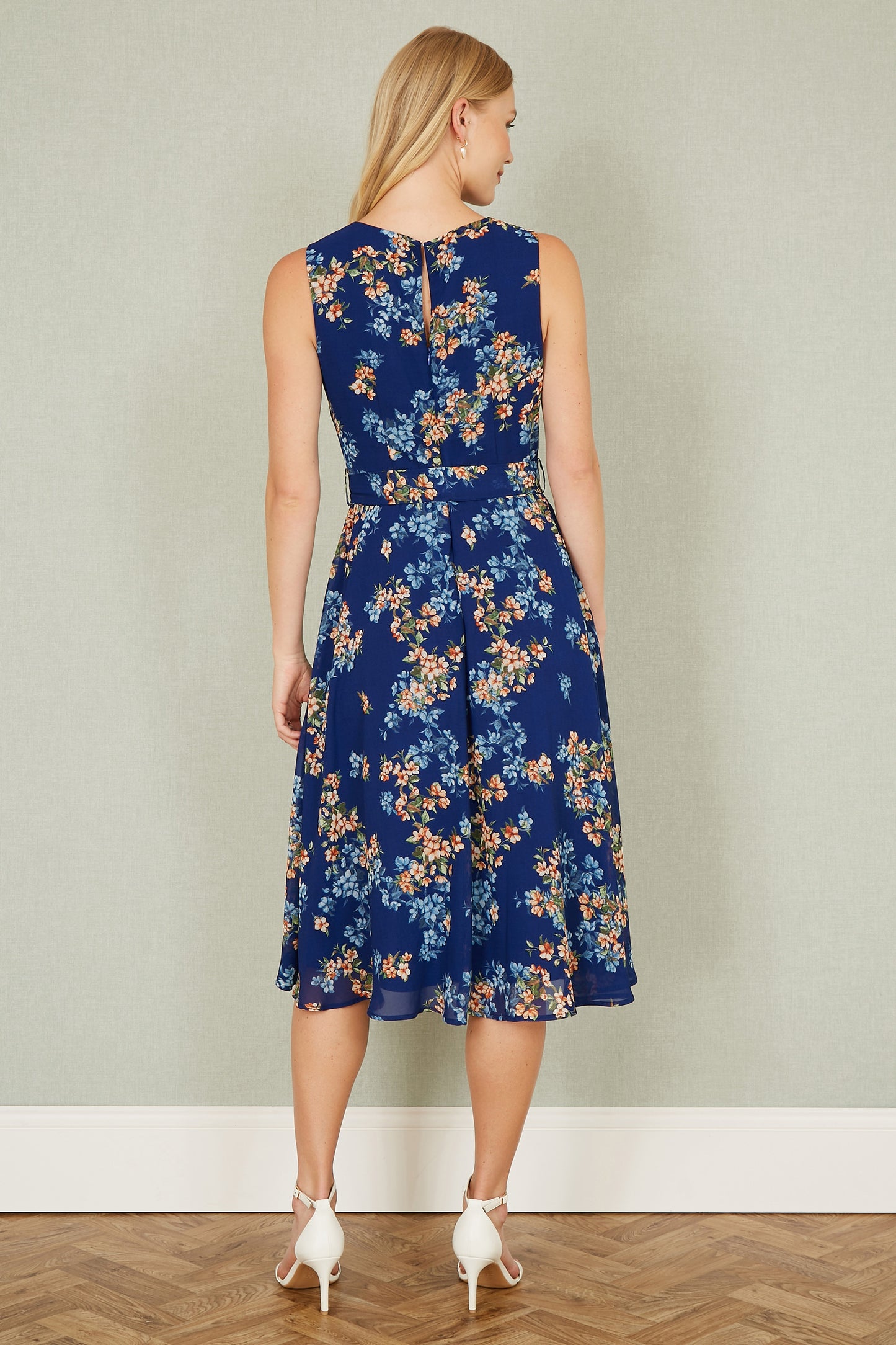 Yumi Navy Floral Skater Sleeveless Dress Occasionwear Yumi