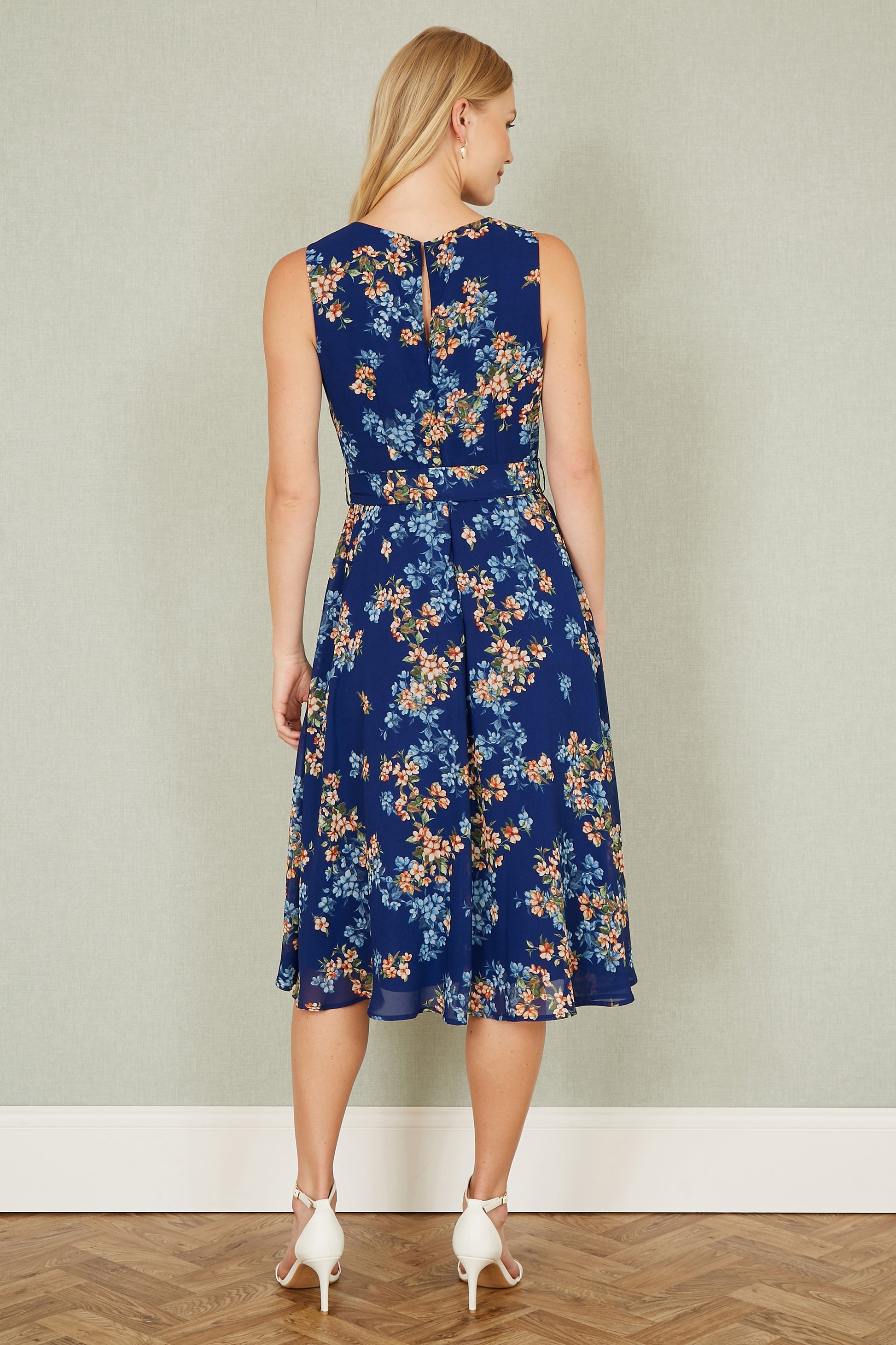 Yumi Navy Floral Skater Sleeveless Dress Occasionwear Yumi