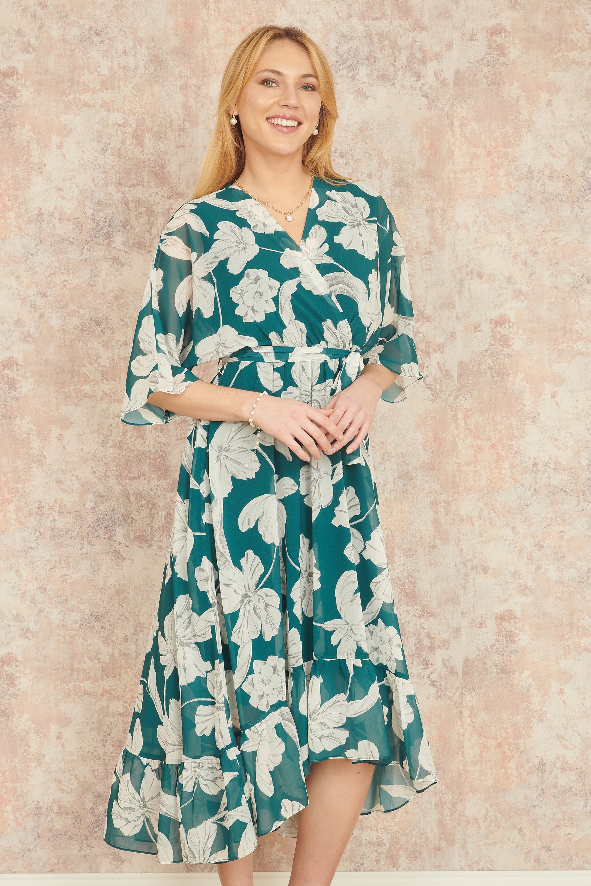 Yumi Green Kimono Sleeves Midi Dip Hem Wrap Midi Dress Occasionwear Yumi