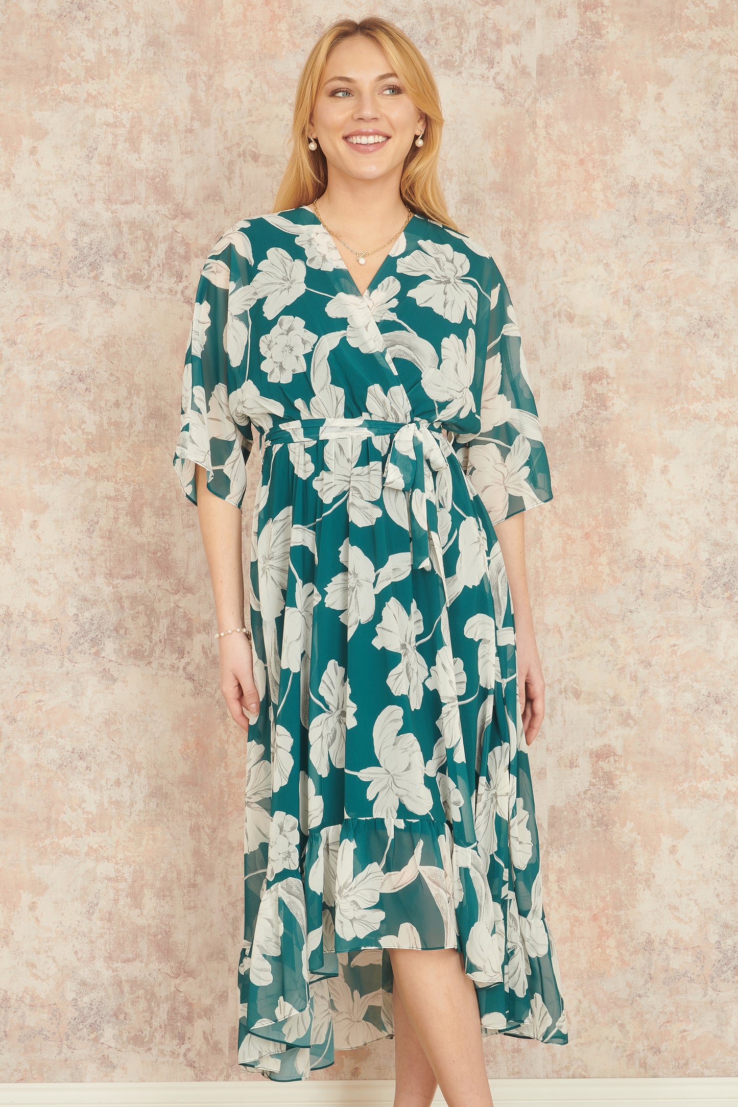 Yumi Green Kimono Sleeves Midi Dip Hem Wrap Midi Dress Occasionwear Yumi