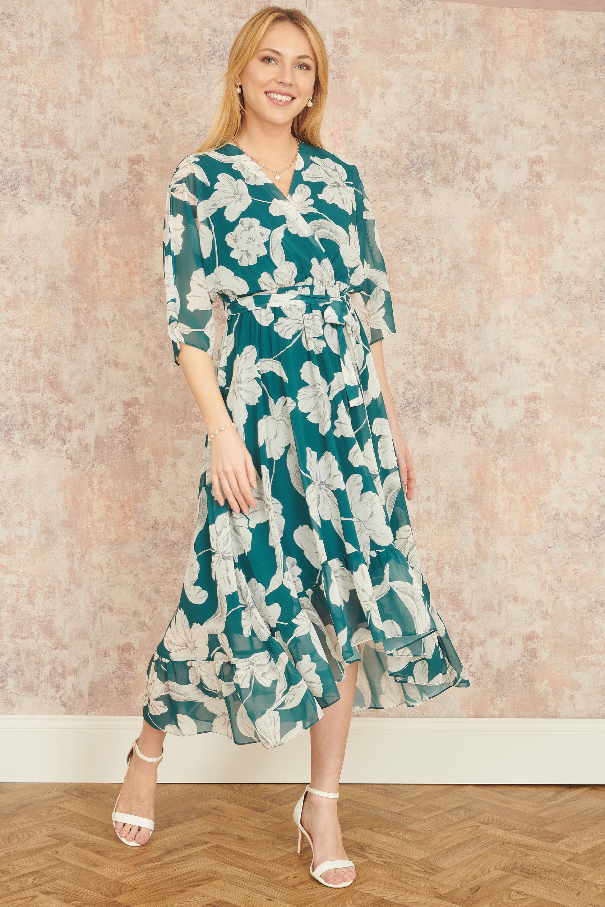 Yumi Green Kimono Sleeves Midi Dip Hem Wrap Midi Dress Occasionwear Yumi