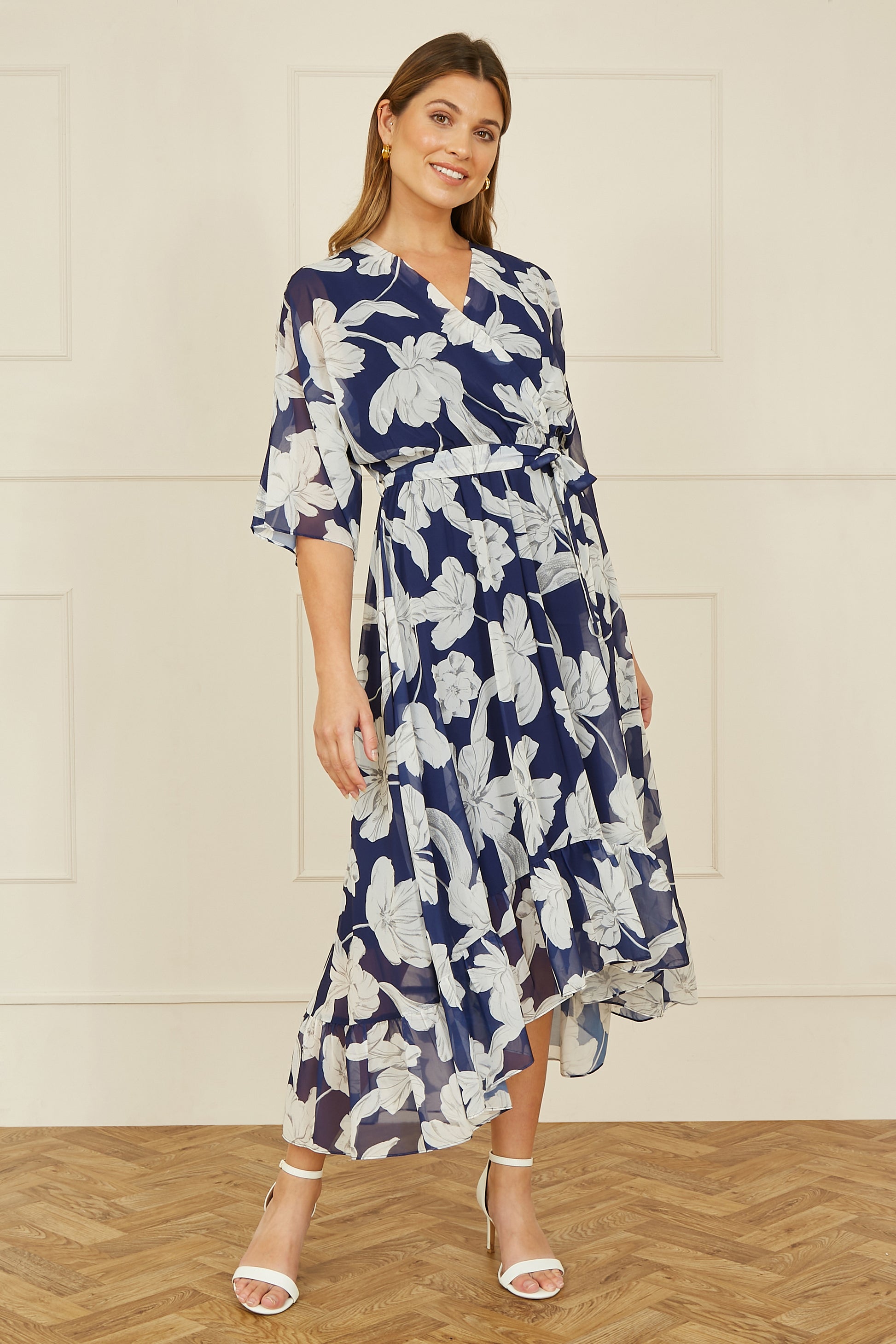 Yumi Navy Mesh Bird And Floral Print Midi Dress With Ruffles Occasionwear Yumi