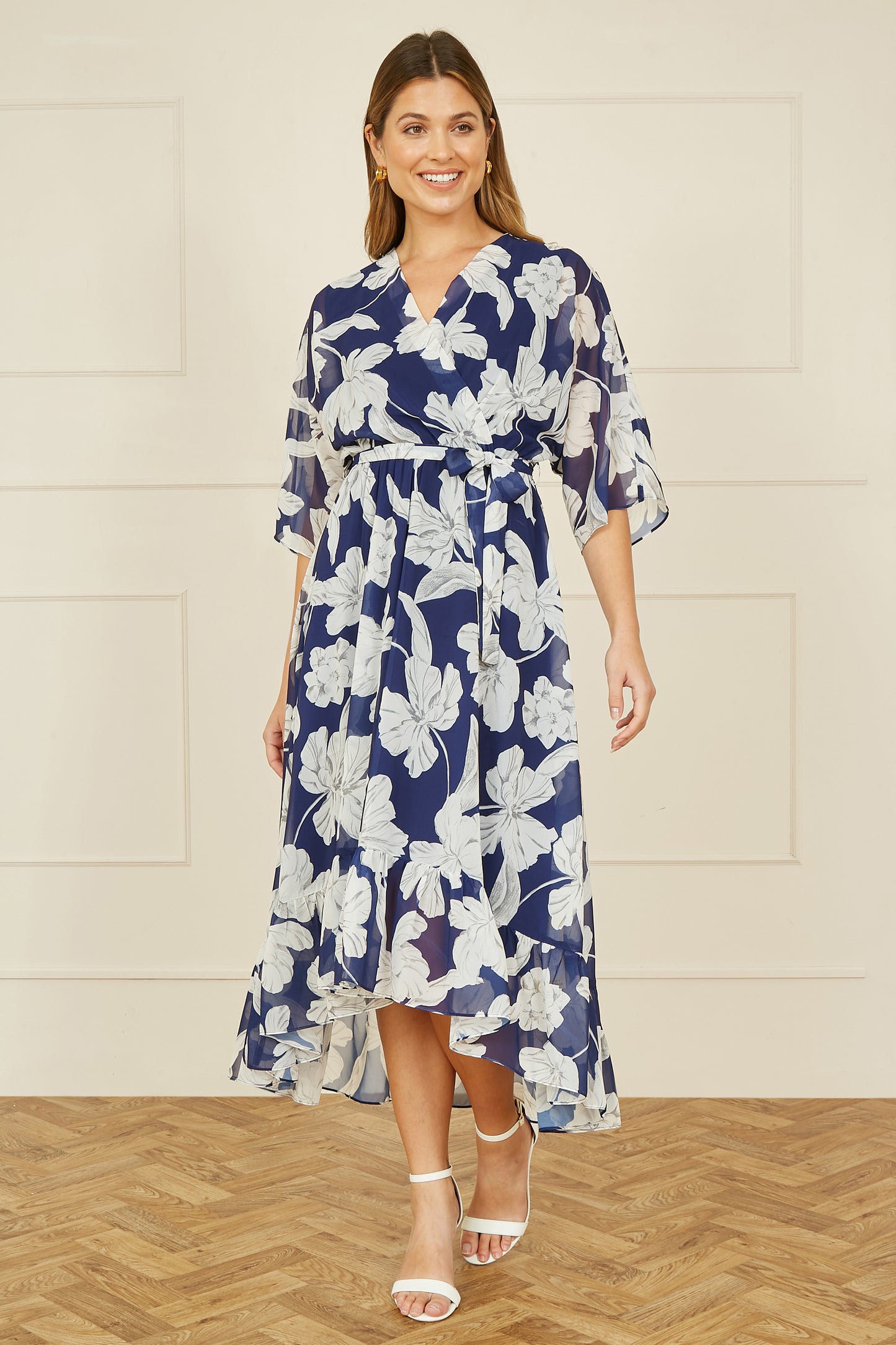 Yumi Navy Mesh Bird And Floral Print Midi Dress With Ruffles Occasionwear Yumi