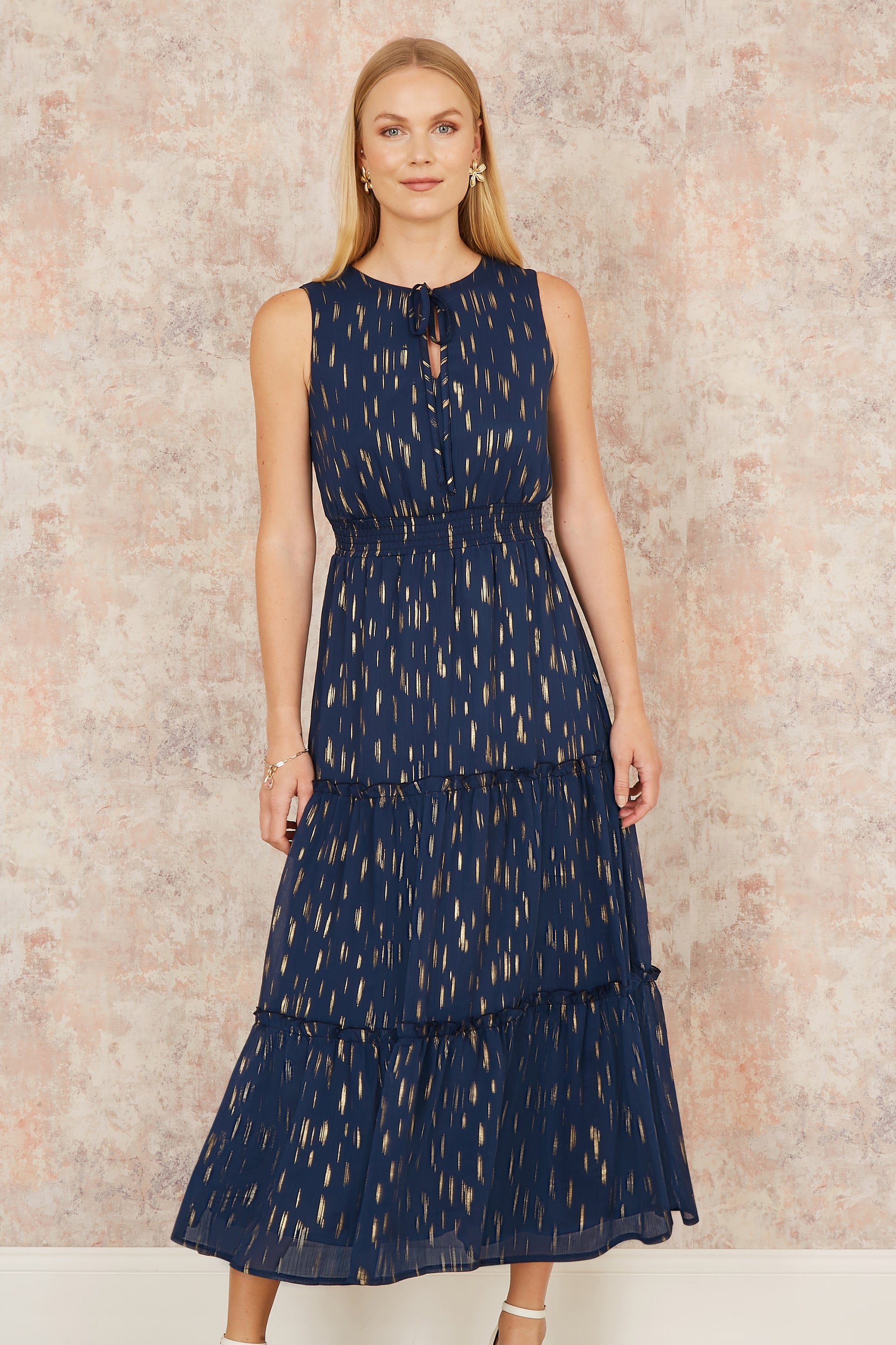 Yumi Navy Foil Print Ruched Waist Midi Dress With Tie Notch Neckline Occasionwear Yumi