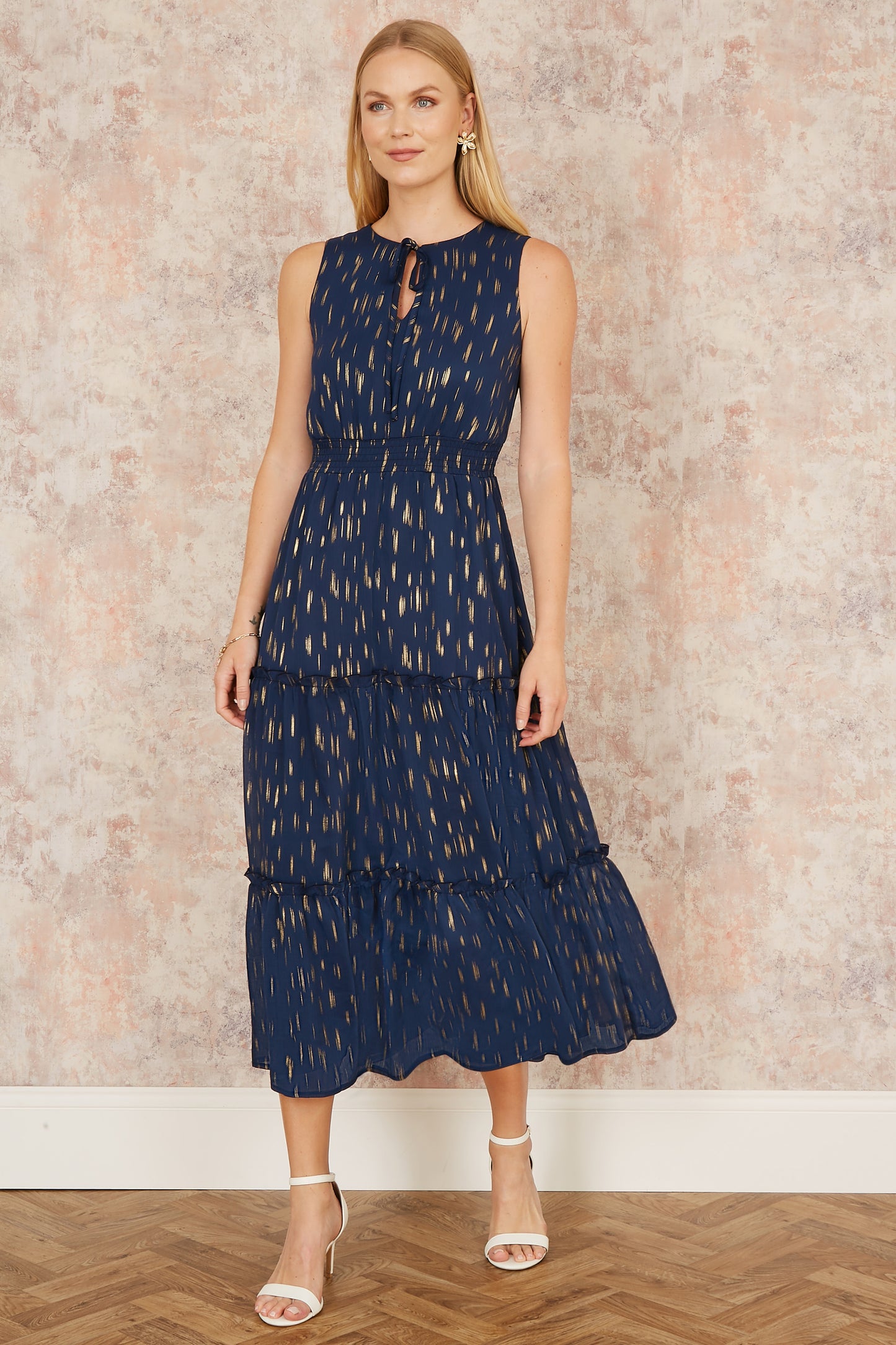 Yumi Navy Foil Print Ruched Waist Midi Dress With Tie Notch Neckline Occasionwear Yumi