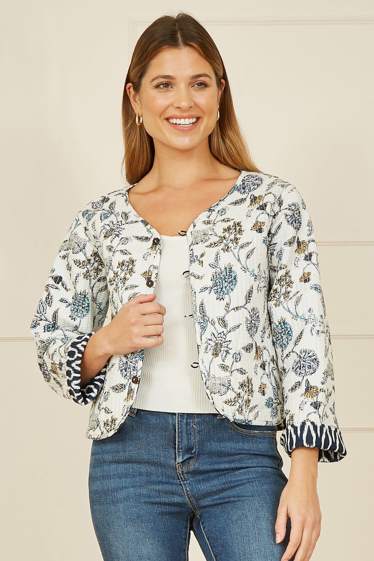 Yumi Navy Ikat Reversible Cotton Quilted Jacket JACKET Yumi