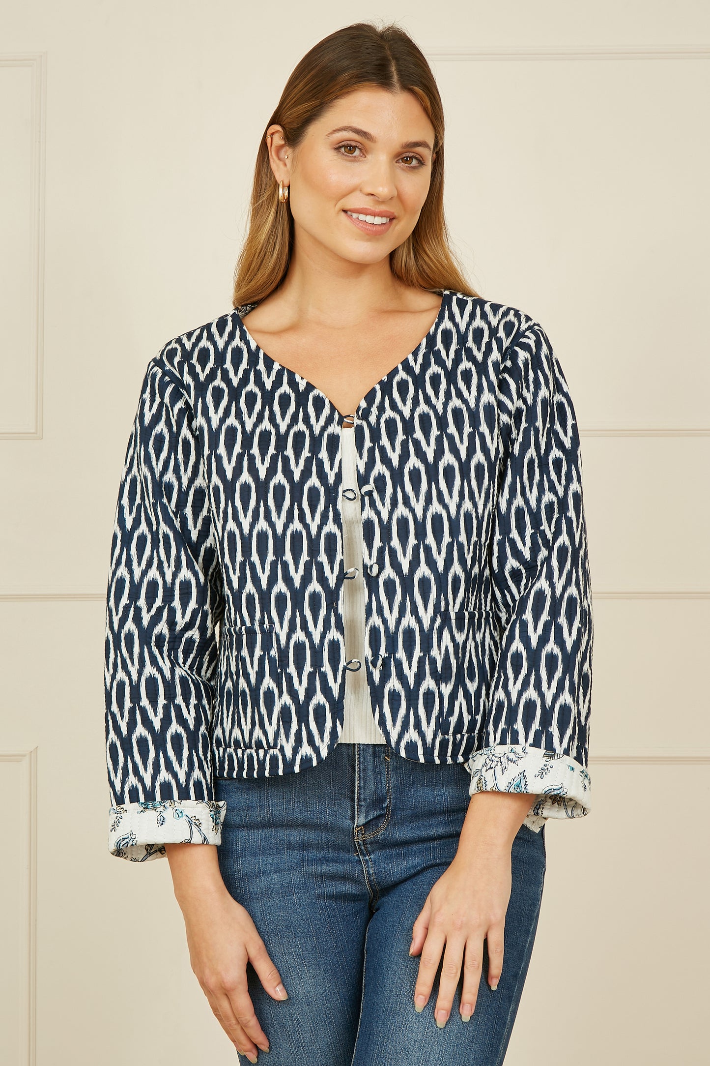 Yumi Navy Ikat Reversible Cotton Quilted Jacket JACKET Yumi