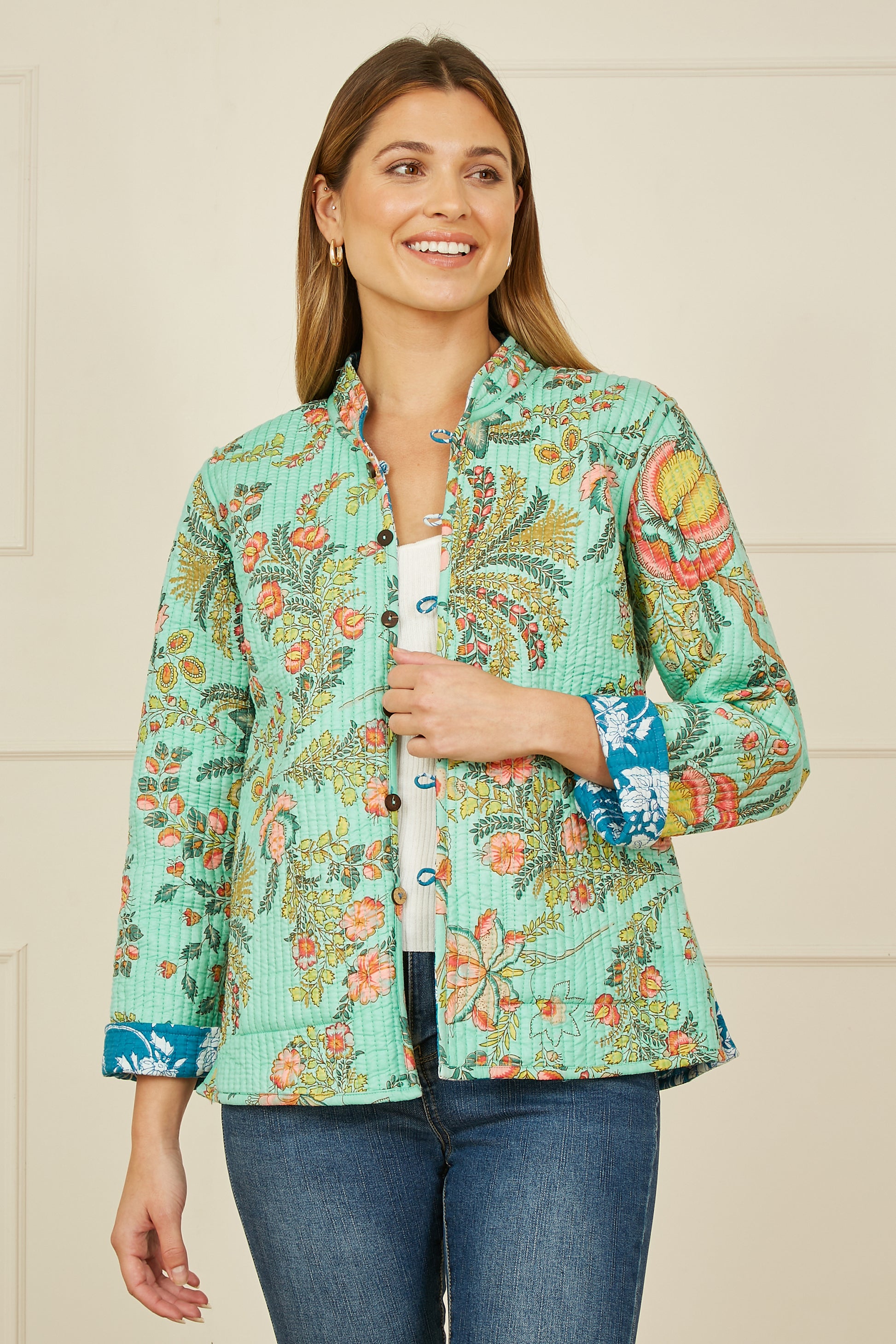 Yumi Teal Floral Reversible Cotton Quilted Jacket JACKET Yumi