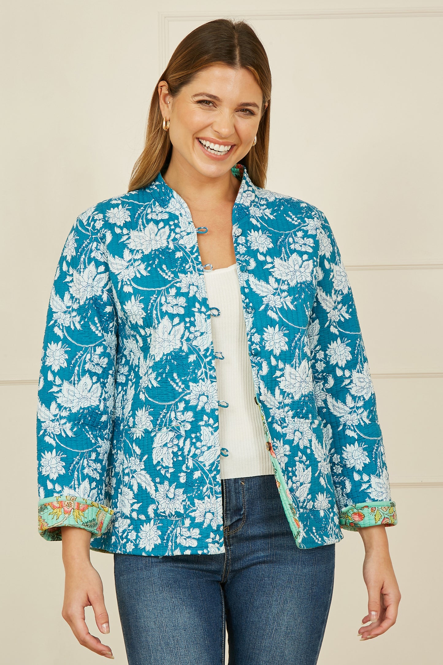 Yumi Teal Floral Reversible Cotton Quilted Jacket JACKET Yumi