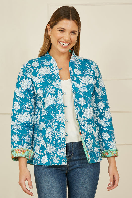 Yumi Teal Floral Reversible Cotton Quilted Jacket JACKET Yumi