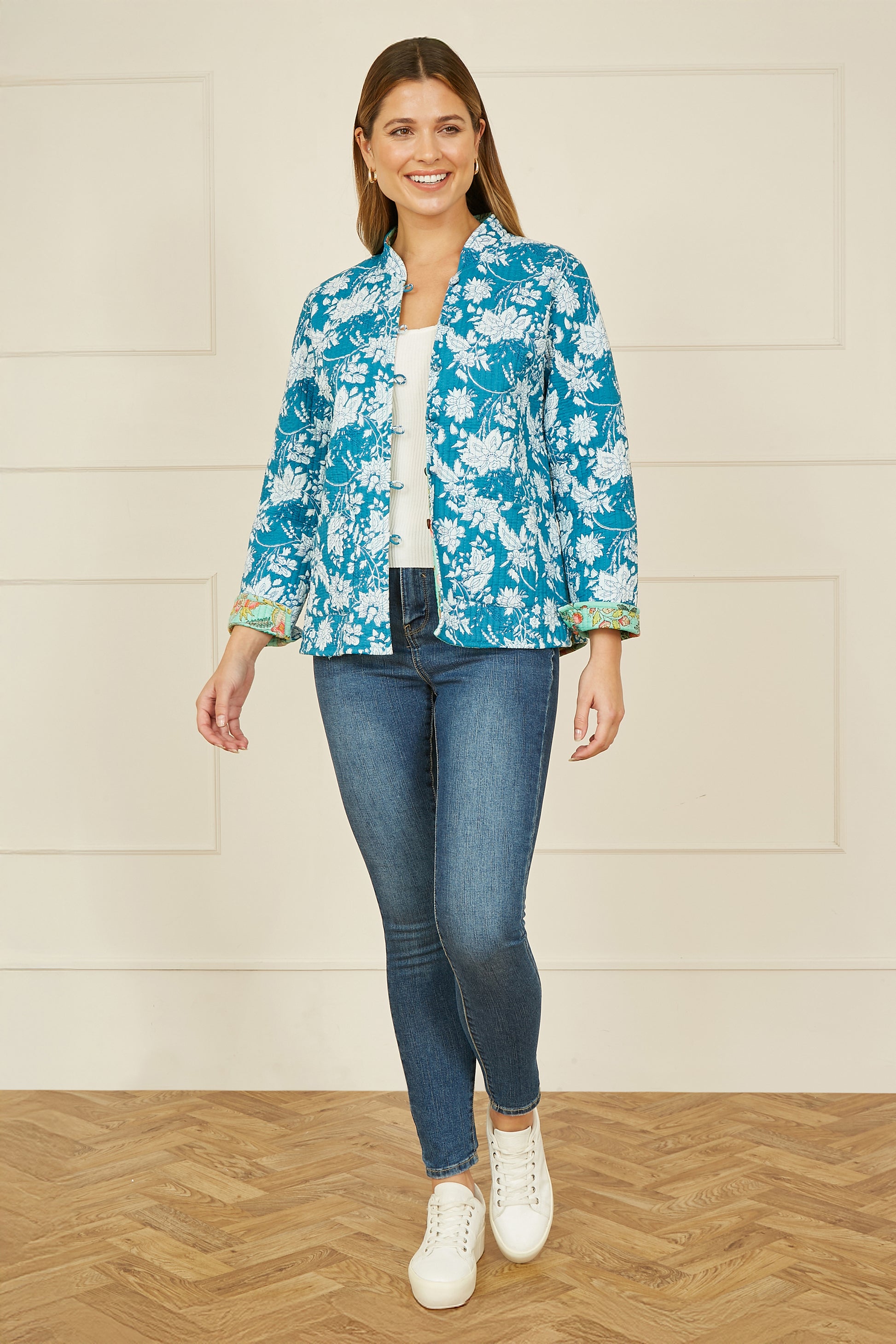 Yumi Teal Floral Reversible Cotton Quilted Jacket JACKET Yumi