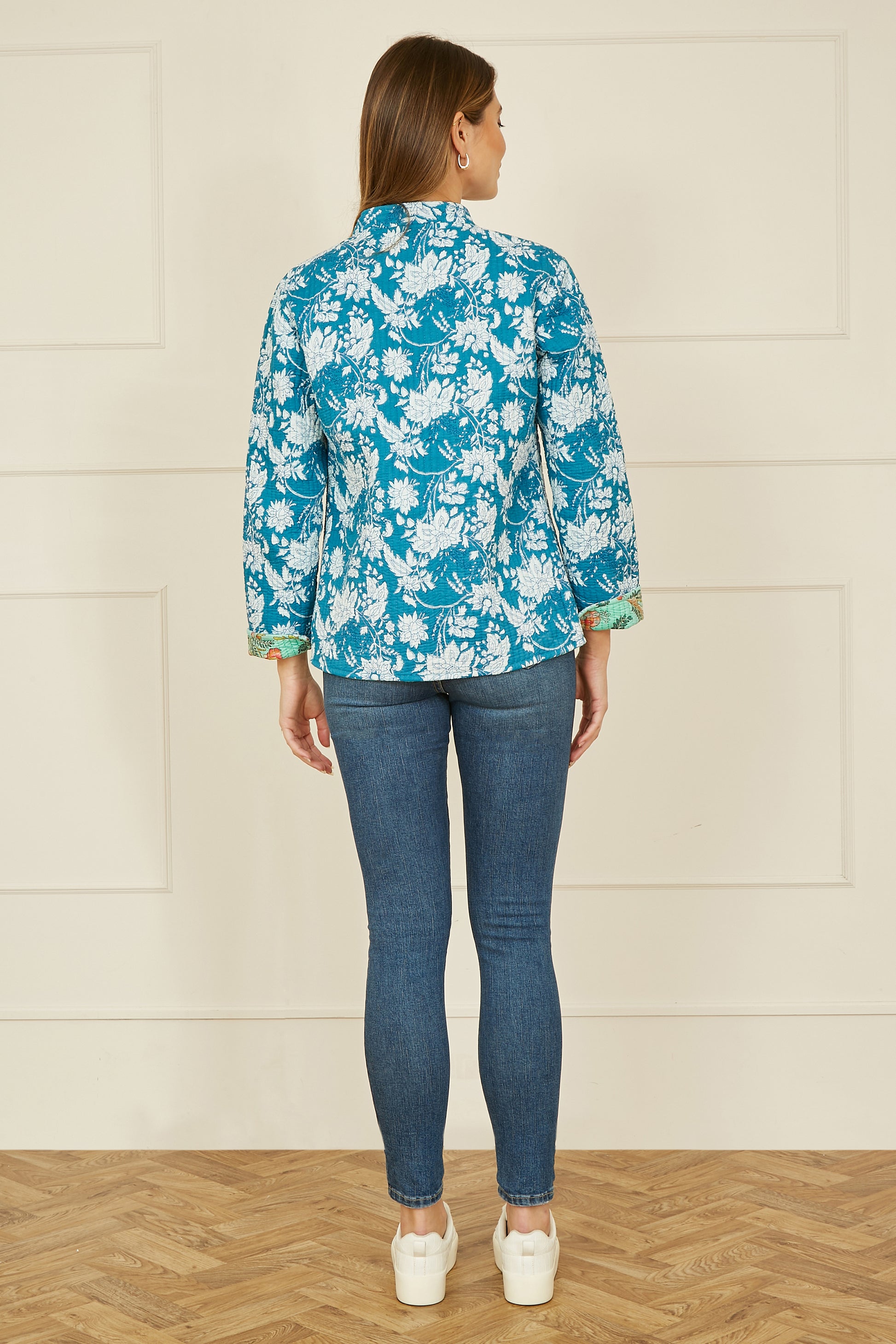 Yumi Teal Floral Reversible Cotton Quilted Jacket JACKET Yumi