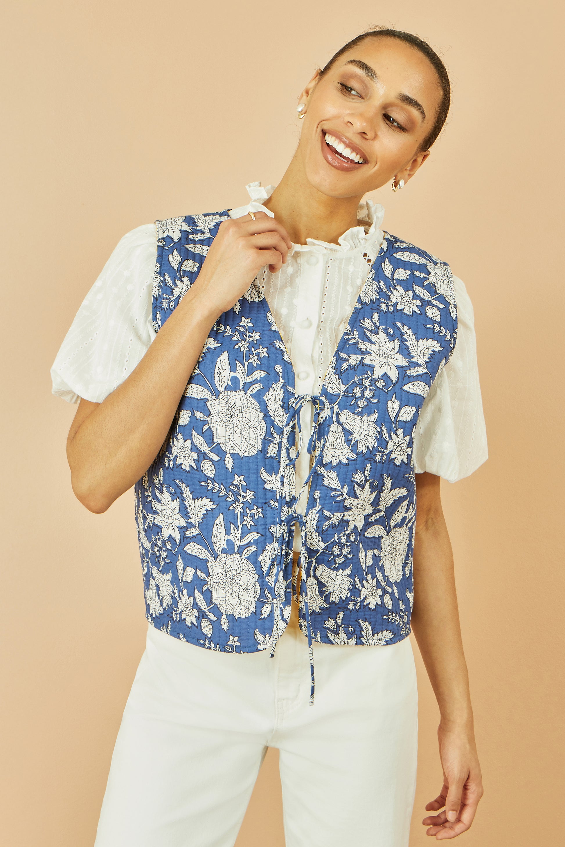 Yumi Blue Floral Reversible Cotton Quilted Waistcoat WAISTCOAT Yumi