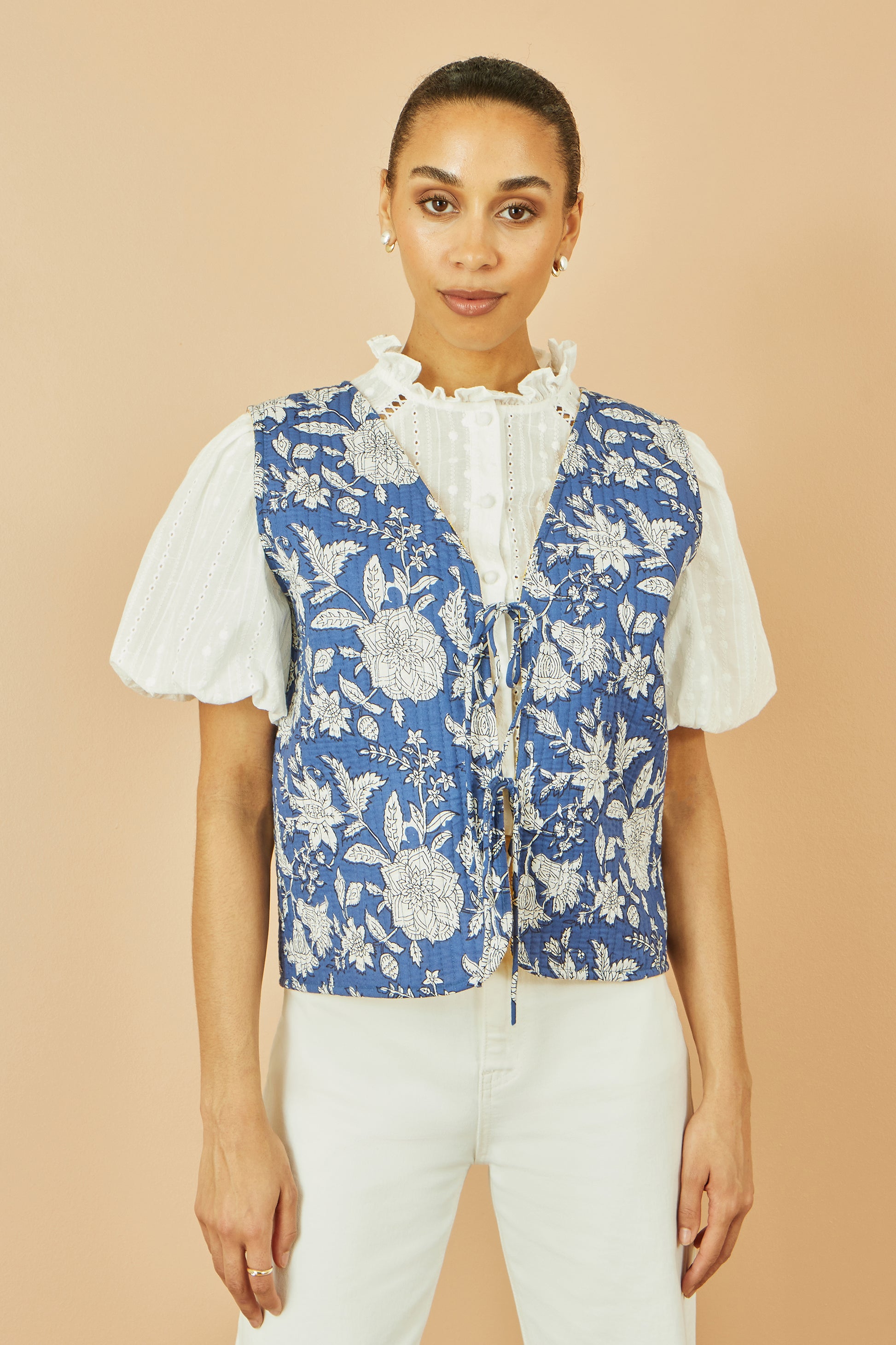 Yumi Blue Floral Reversible Cotton Quilted Waistcoat WAISTCOAT Yumi