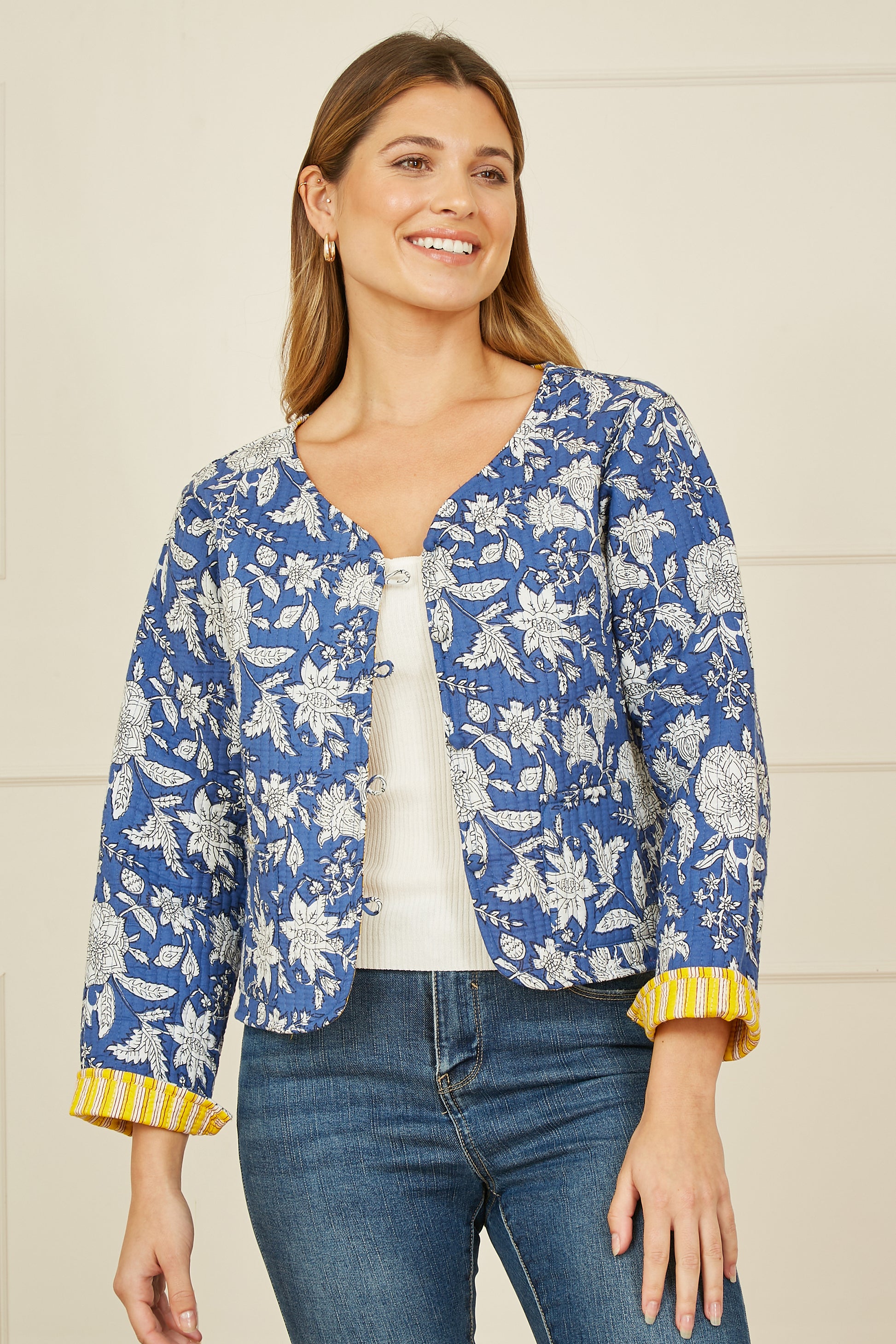 Yumi Blue Floral Reversible Cotton Quilted Jacket JACKET Yumi