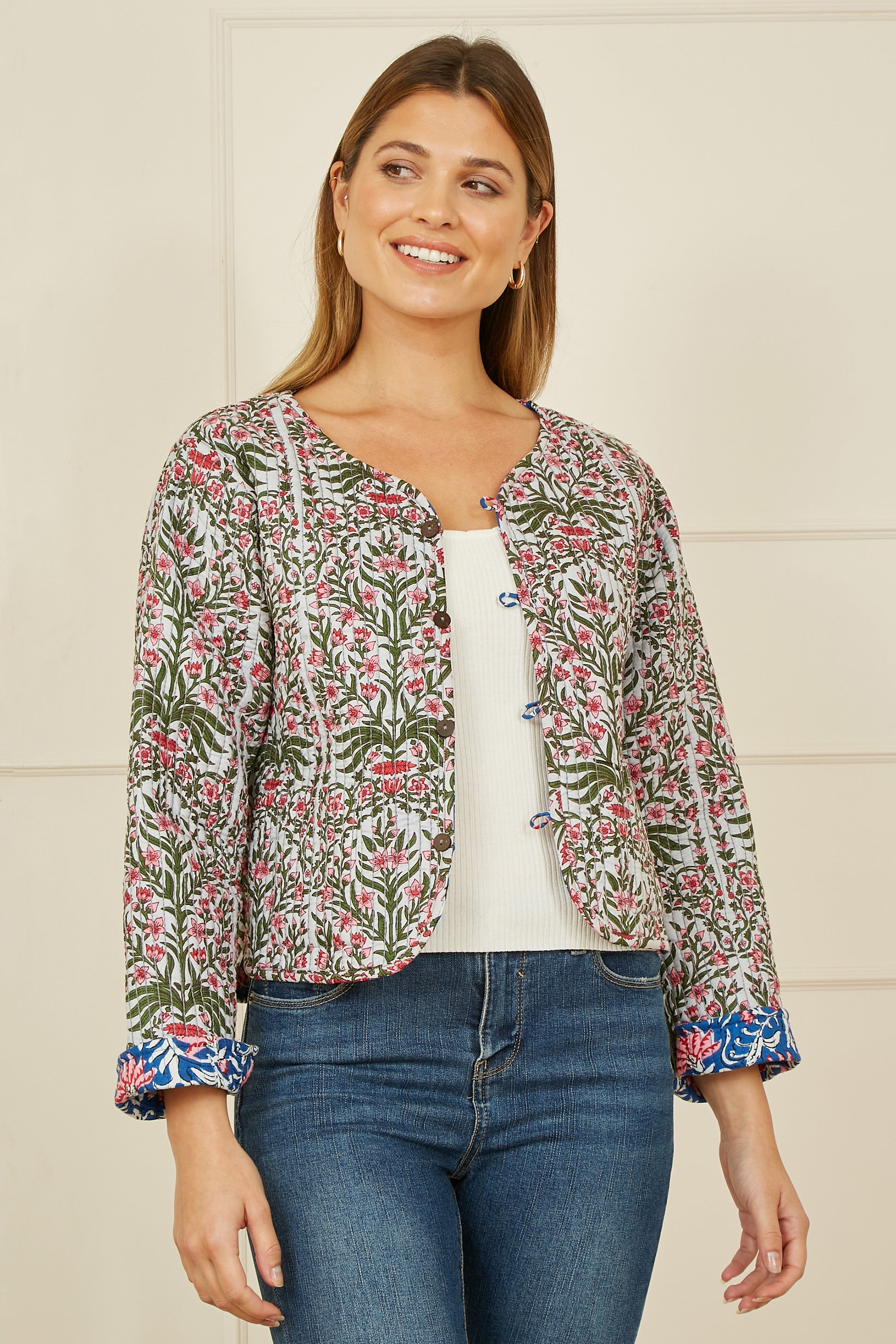 Yumi Blue Floral Reversible Cotton Quilted Jacket JACKET Yumi