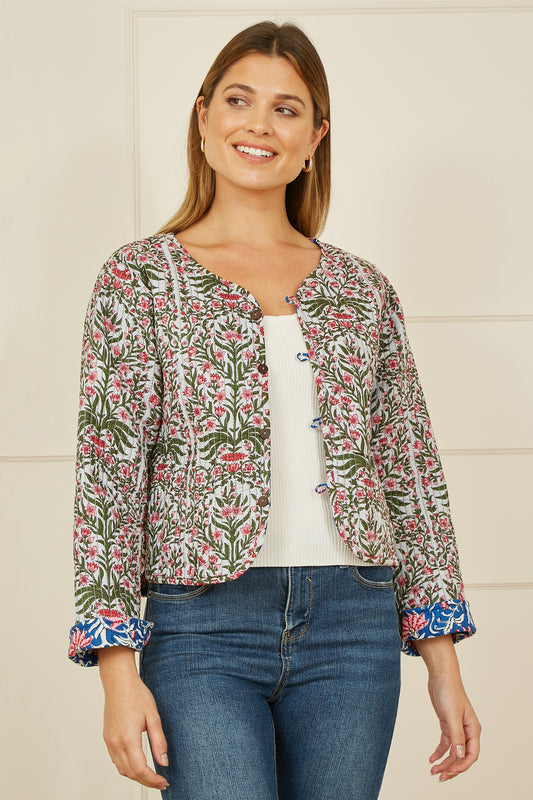 Yumi Blue Floral Reversible Cotton Quilted Jacket JACKET Yumi