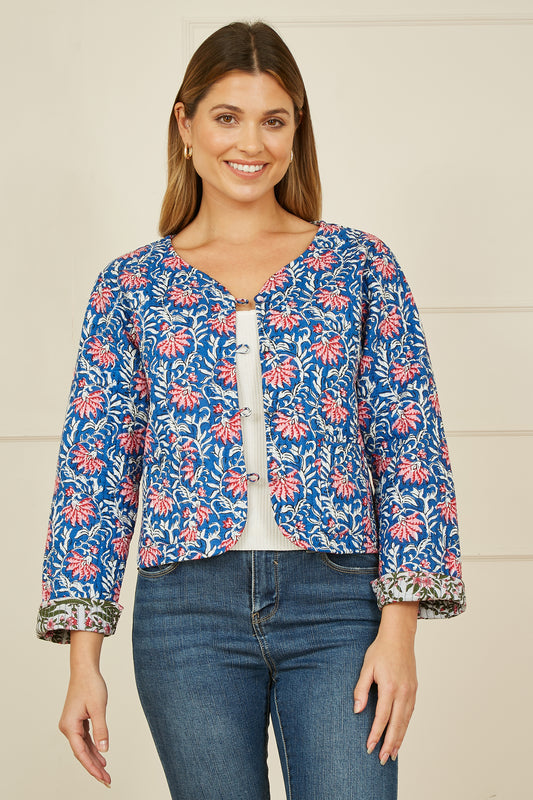 Yumi Blue Floral Reversible Cotton Quilted Jacket JACKET Yumi